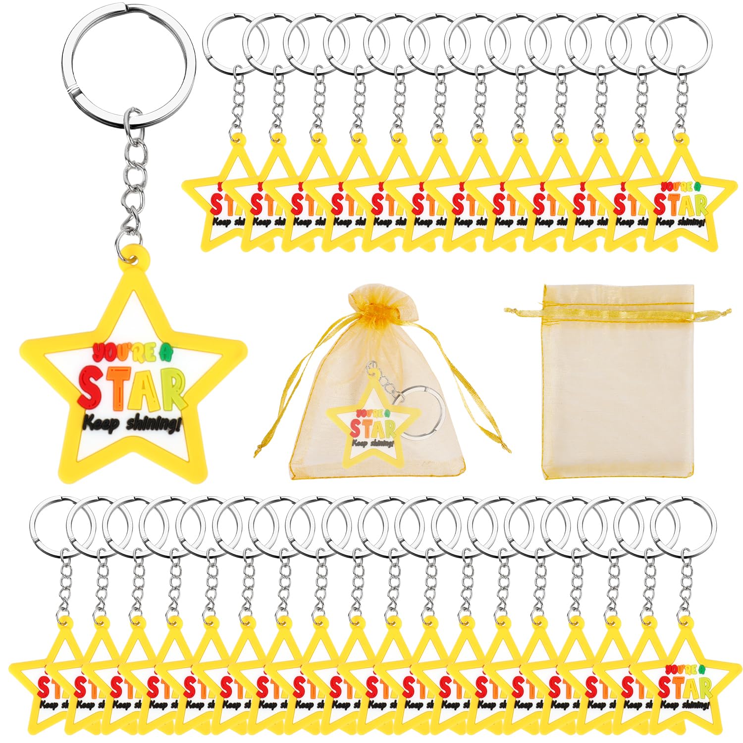 DPKOW 30pcs Star Keyring School Leavers Gifts for Students from Teachers, End of Term Gifts for Children, End of Year Class Gifts for 30 Children Silicone Keyrings Graduation Pupil Gifts from Teacher