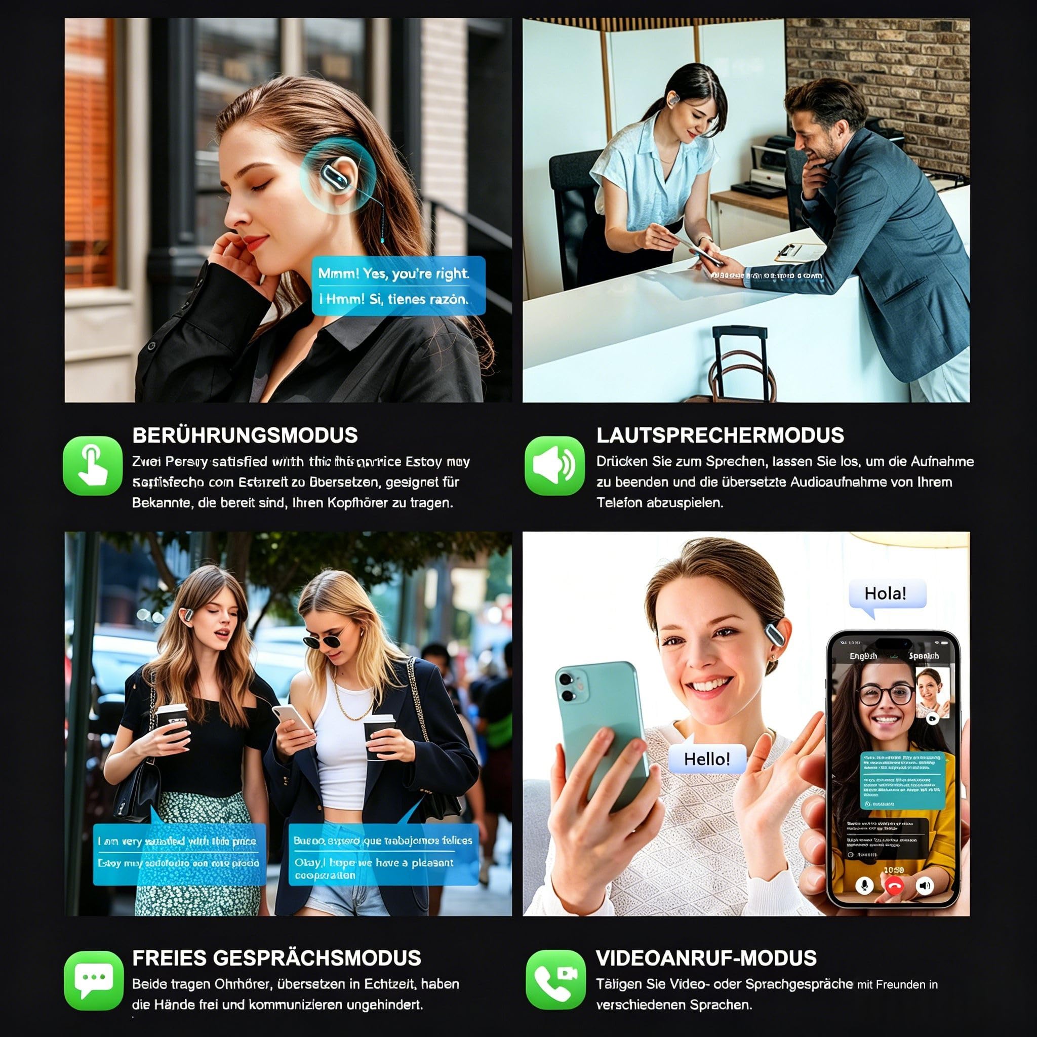 KI Übersetzer Kopfhörer Bluetooth 6.1 4-in-1 Echtzeit 198 Sprachen Übersetzungskopfhörer 50 Std Übersetzung Kopfhörer Live Sprachübersetzer Ohrhörer Open Ear Translator für Business,Reisen,Studie