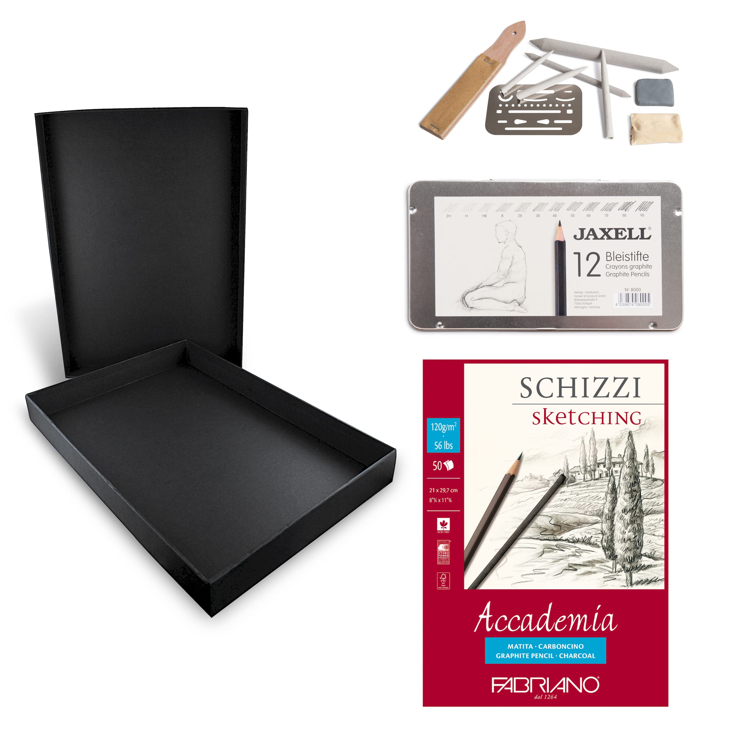 Honsell 14-99889 - Drawing Set "Disegno" - Artist Set, Black Storage Box with 12 Pencils, Drawing Accessory Set and a Sketchbook in DIN A4
