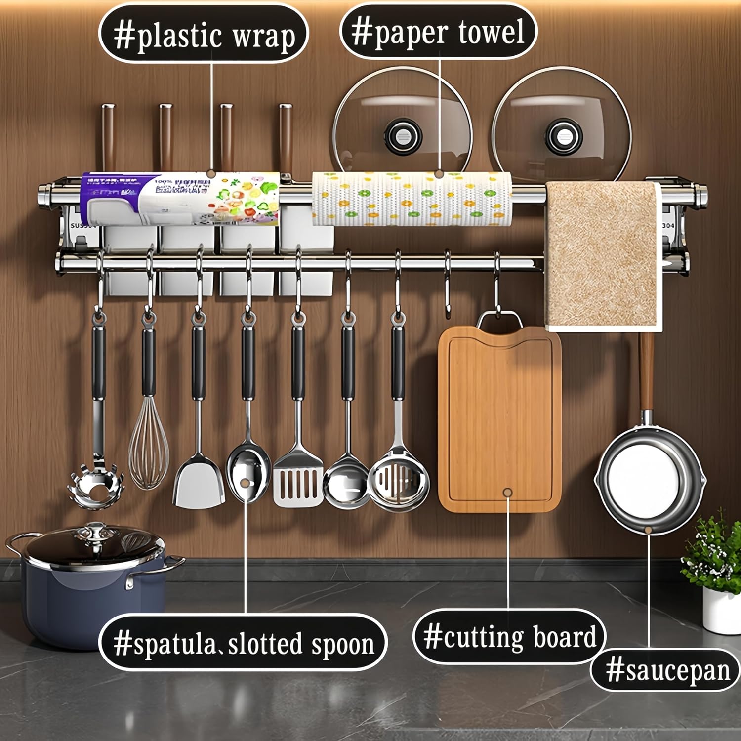 Space Saving Wall Mount Organizer, 3-in-1 No-Drill Adhesive Holder for Paper Towel, Utensils & Pot Lids, Stainless Steel Rust Resistant for Kitchen, Bathroom or RV, Supports 30 lbs