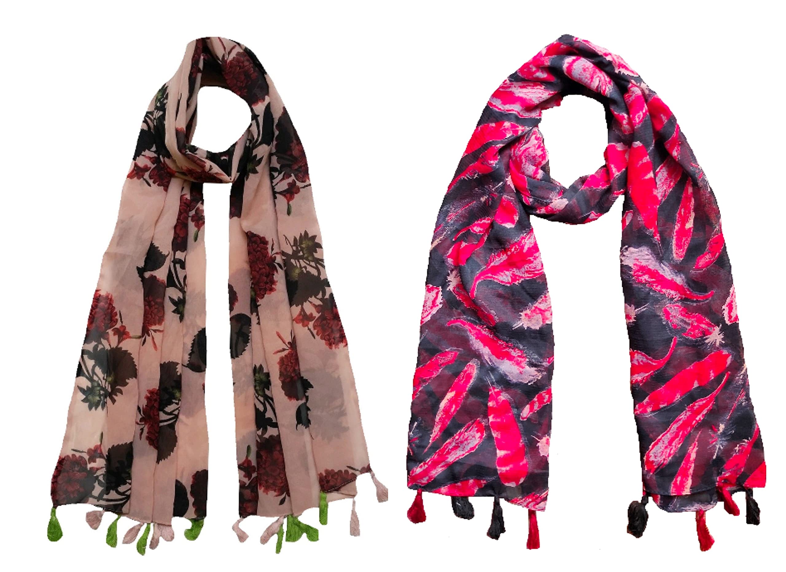FABS COLLECTION™ Women's Printed Chiffon Multicolored Scarf & Stoles with Pearl Tassels Set of 2 (C2-66)