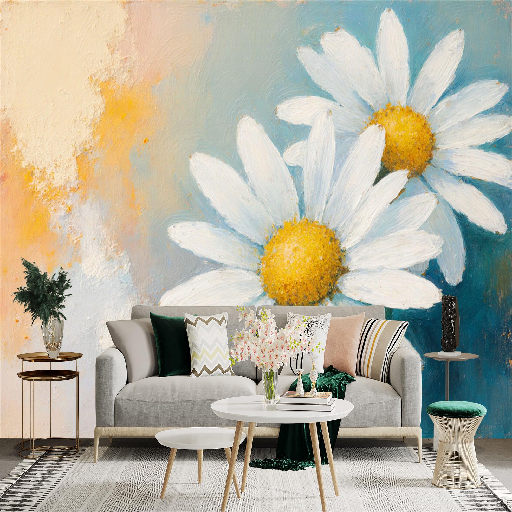 Custom Size Wall Sticker Mural， Impressionist Daisy Flowers， Soft Pastel Background， Oil Painting Texture， Floral Botanical Art， for wall Decoration， peelandstick wall Decals.