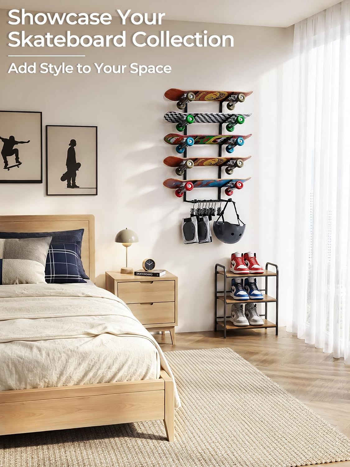 5-Tier Skateboard Rack Wall Mount, 5-Skateboard Holder with 10 Hooks