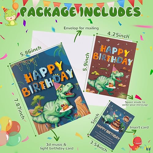 Miniatura 5 de Tarjetas musicales de cumpleaños de dinosaurios para niños y niñas, tarjetas de felicitación de cumpleaños emergentes en 3D con luz LED colorida y