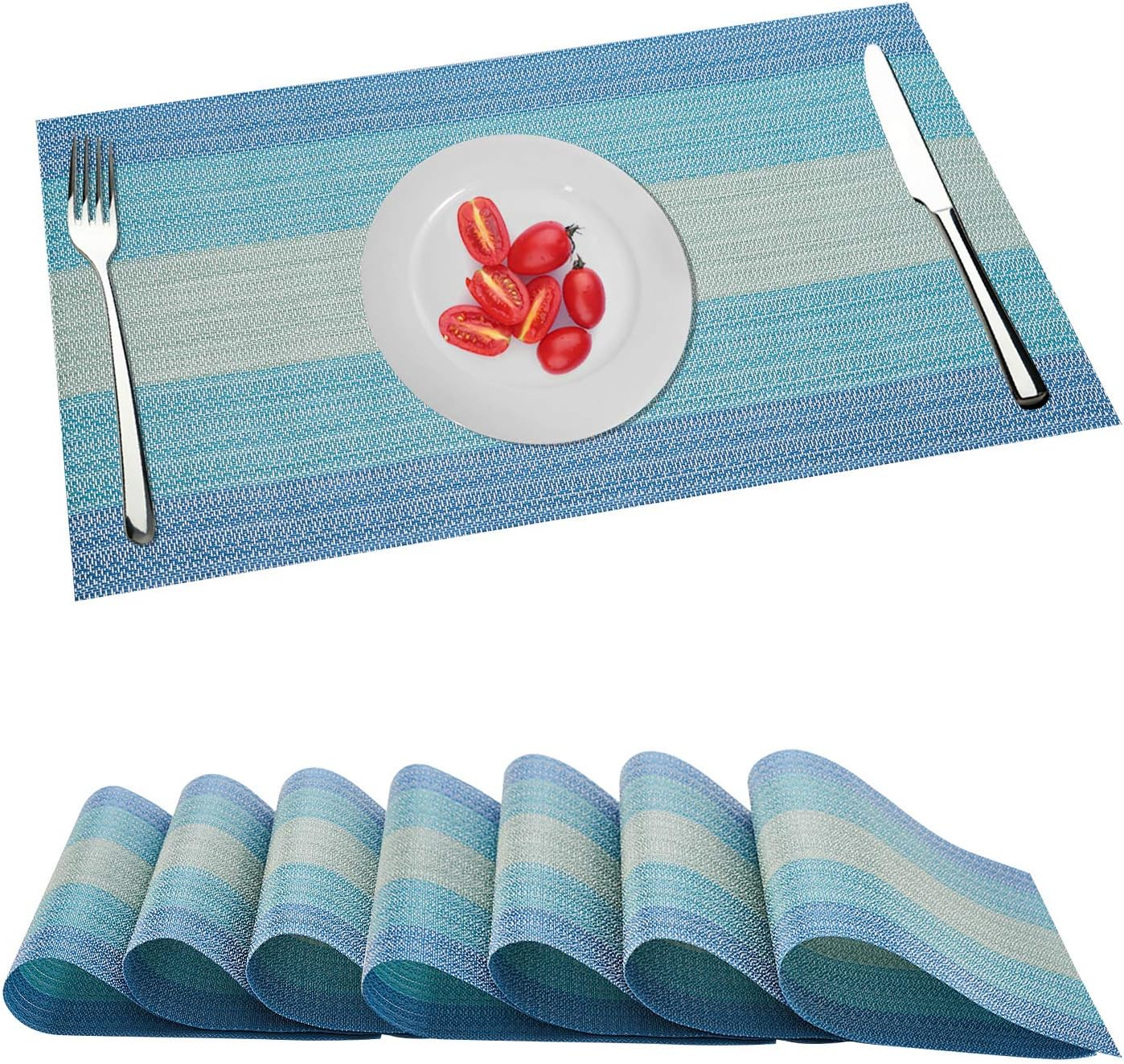 Outon Set of 8 Placemats, Washable Heat Resistant Dining Table Mats, Crossweave Woven Vinyl PVC Place Mat, Coasters for Garden BBQ Outdoor (Light Blue)