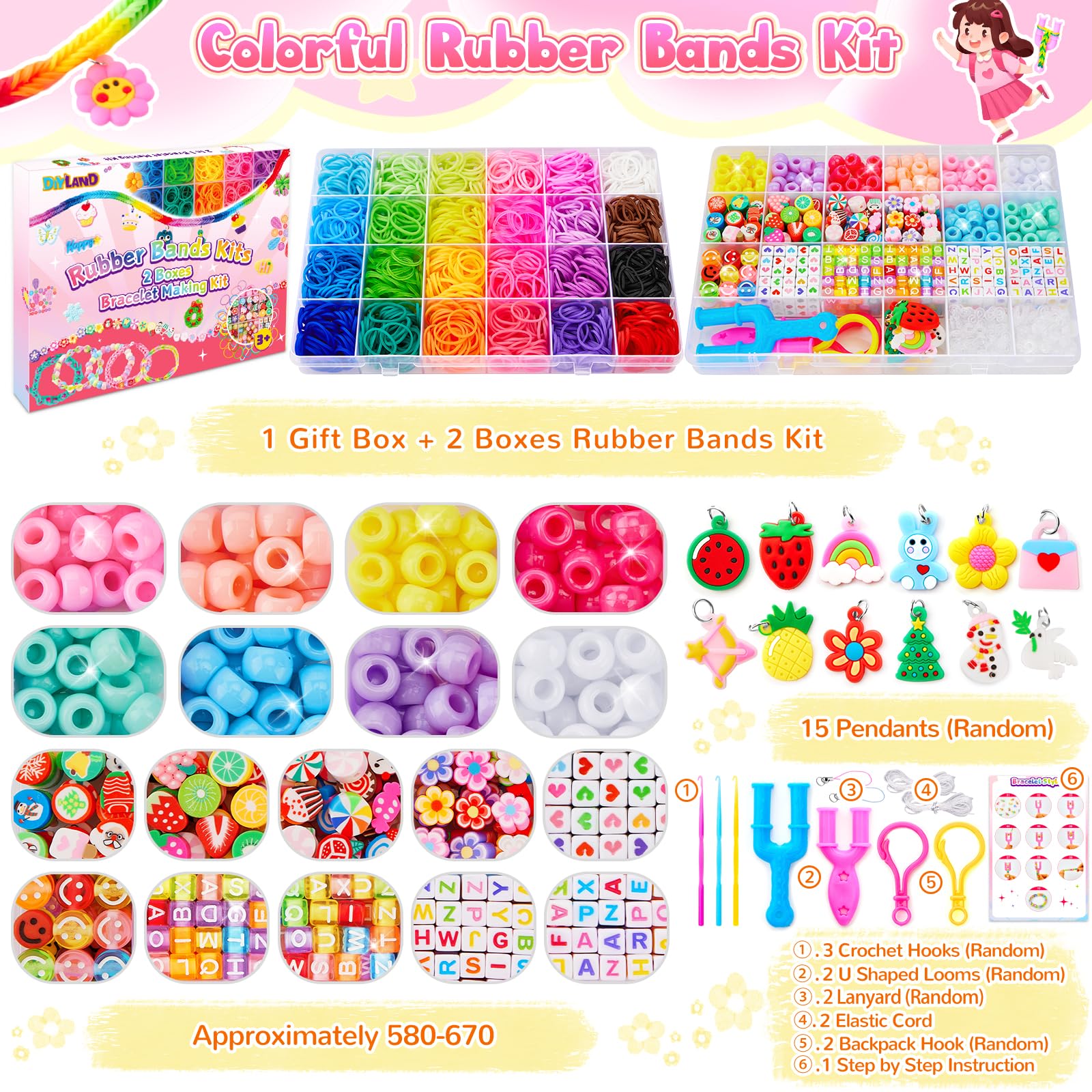 Kit Élastiques Bracelets 17500+ Pièces - Loom Bands Colorés Avec Perles, Pendentifs Fruits, Crochets & Métiers, Idéal Enfants & Créativité