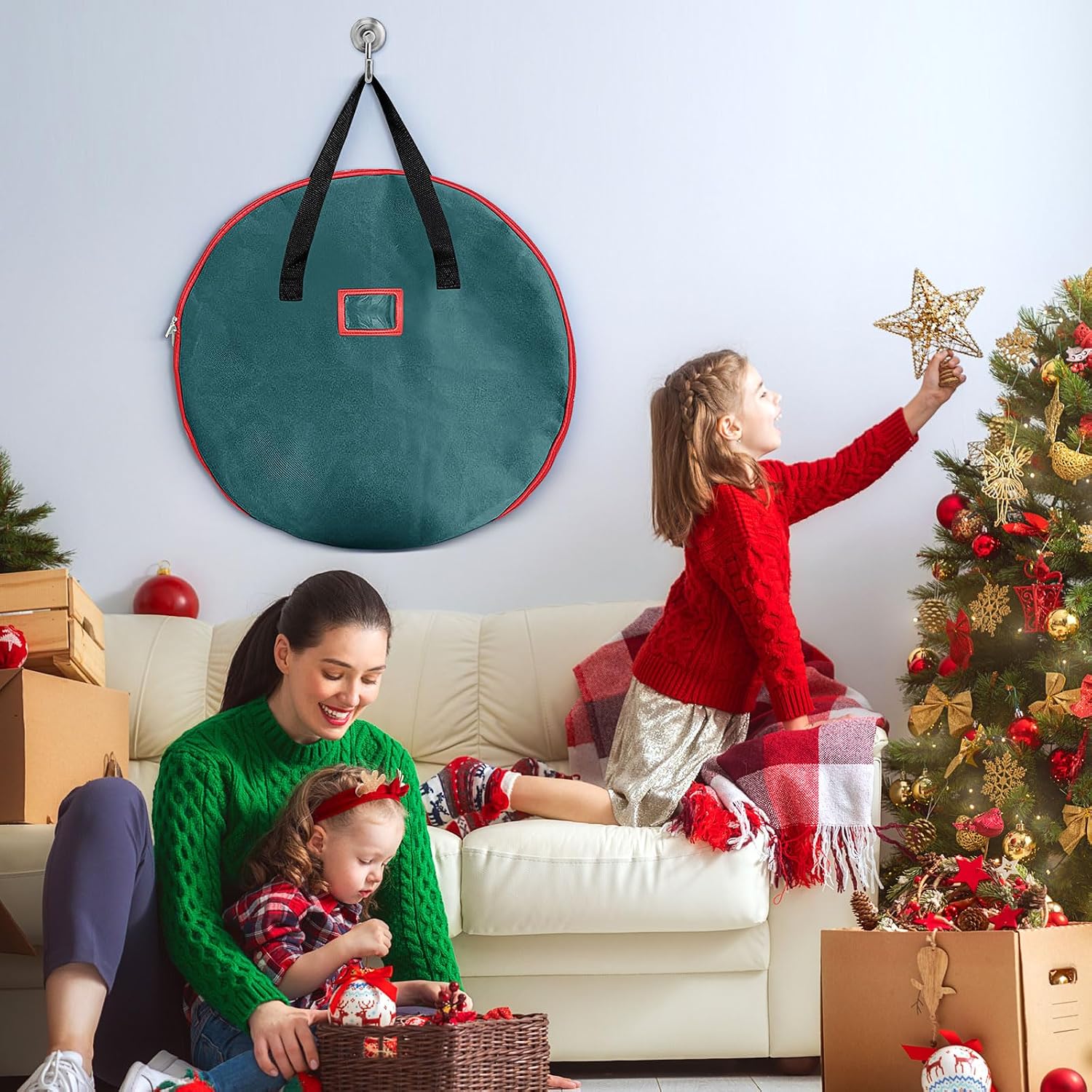 2er Pack Wreath Storage Container, Christmas Wreath Storage Bag with Reinforced Handle for Holiday Xmas Thanksgiving, Halloween, Holiday Decorative Wreath Storage Bag (Green, 30inch)