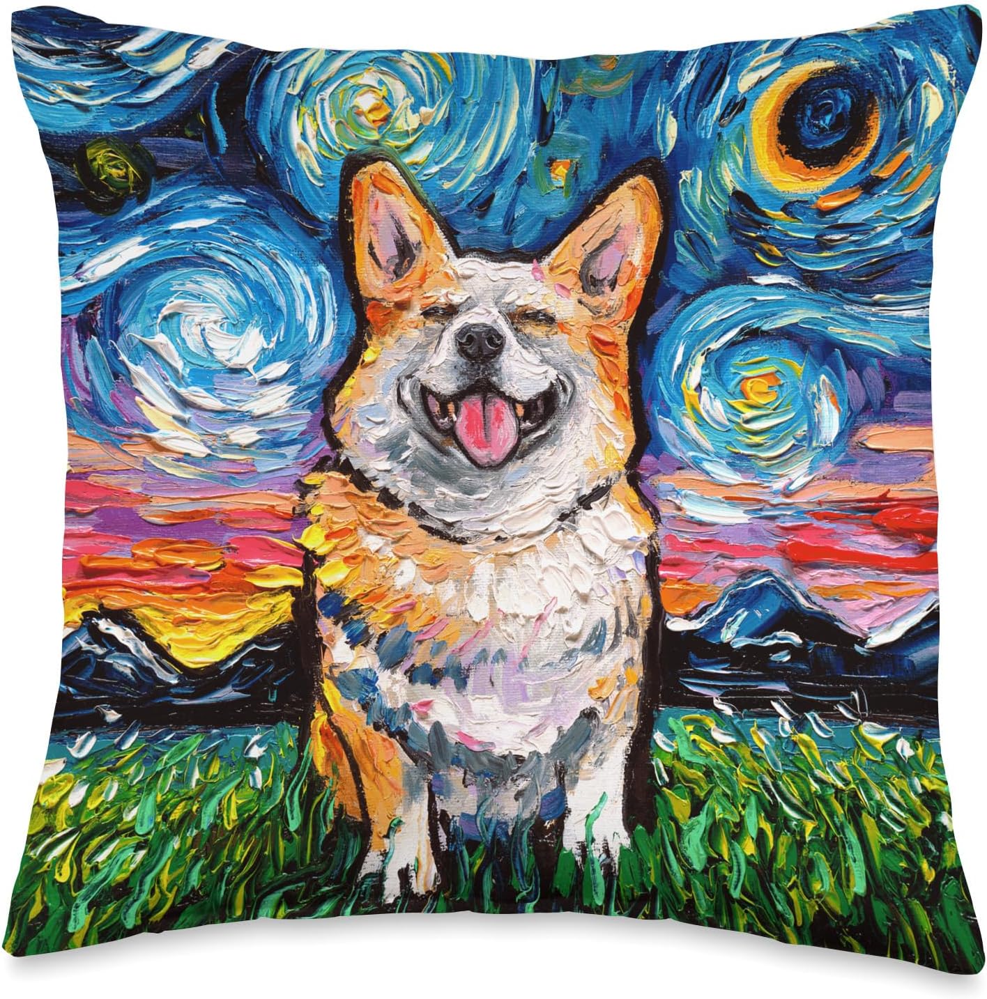 Smiling Pembroke Welsh Corgi Starry Night Art by Aja Throw Pillow