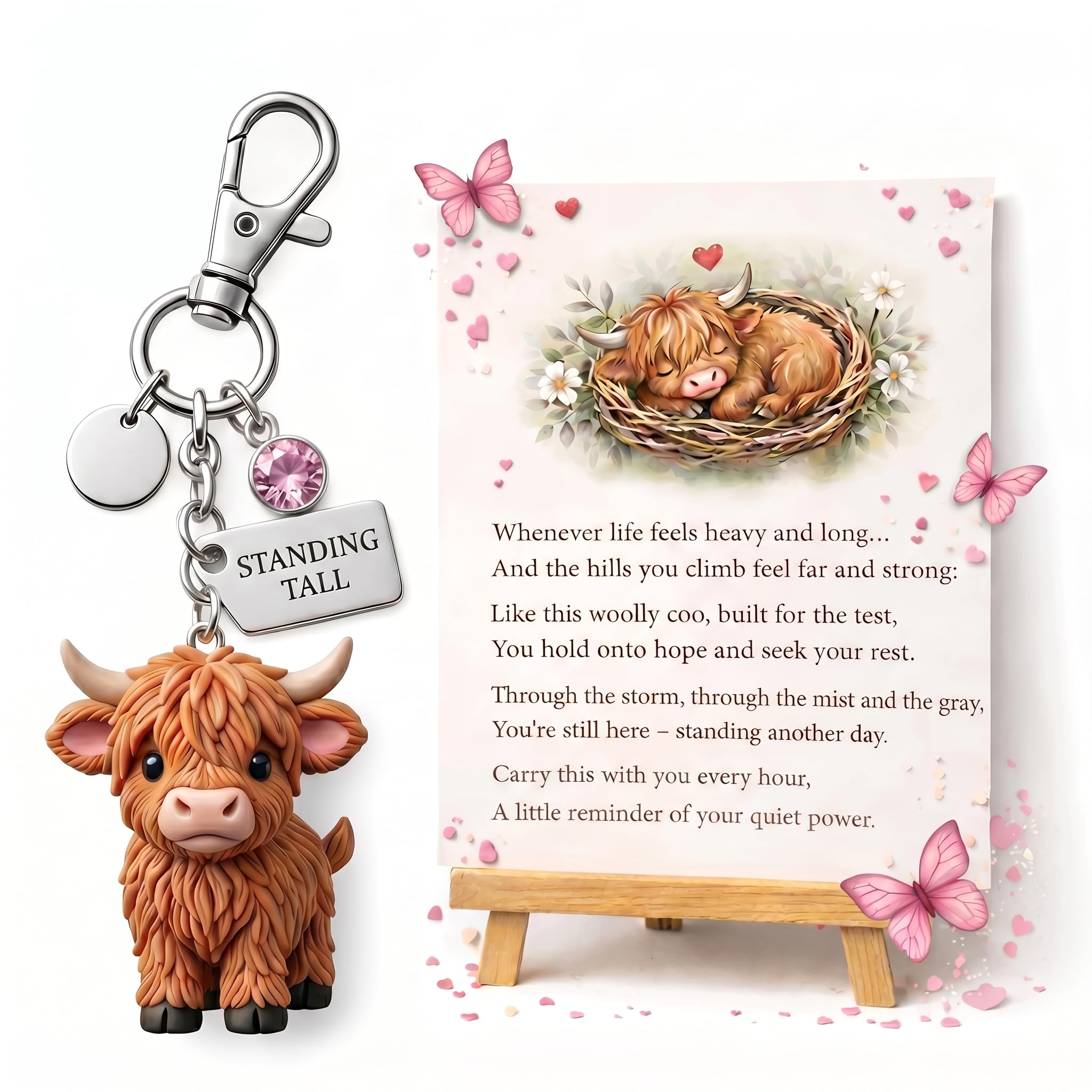 JORCEDI A Little Highland Cow for You Keychain Highland Cow Keychain Cute Cartoon Animal Keyring Soft Rubber Cow Pendant (Pink,1,B)