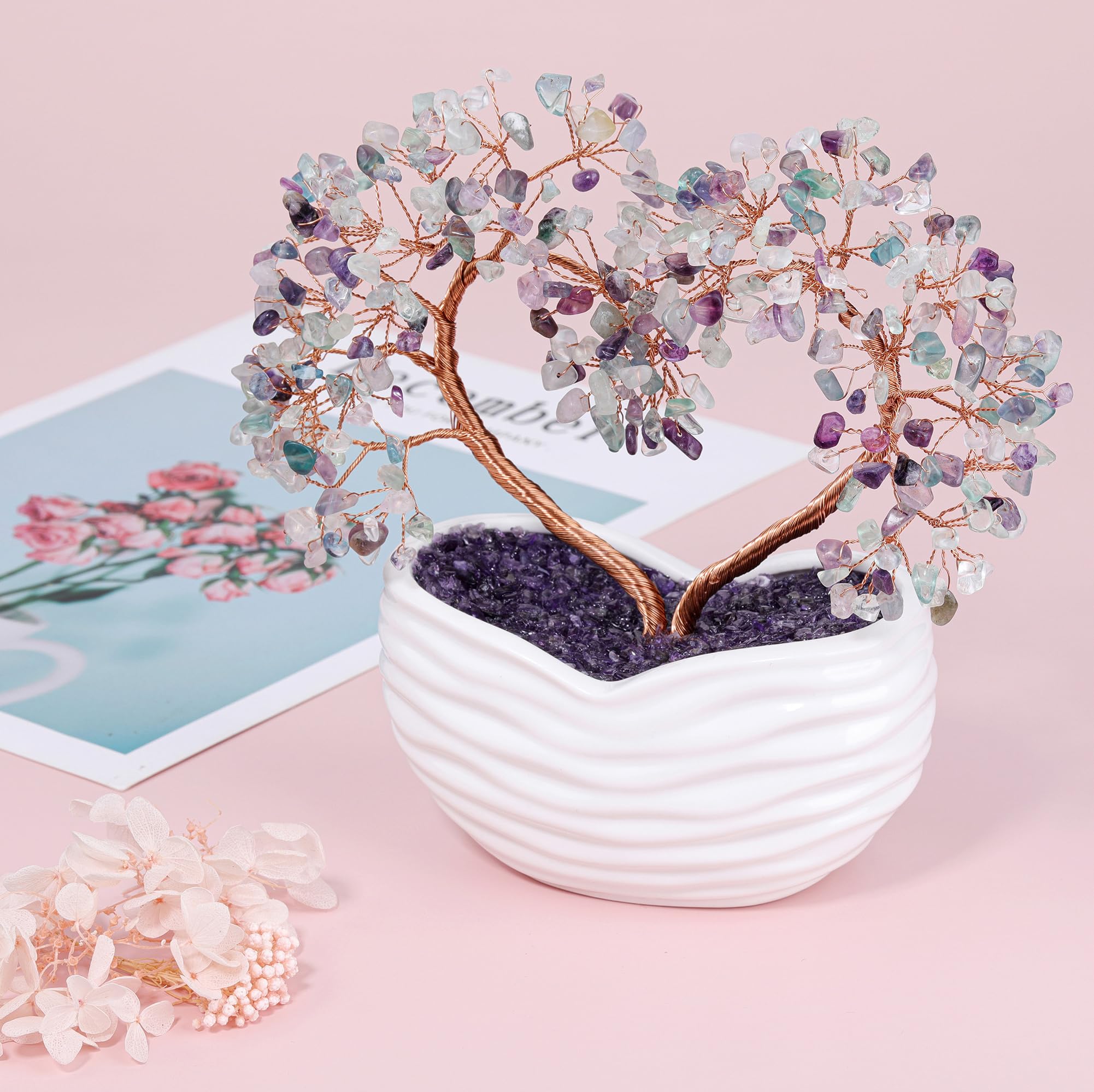 GEHECRST Fluorite Crystal Heart Tree Handmade Healing Crystal Gemstone Money Tree Stone Bonsai Tree Energy Feng Shui Ornament Crystal Gifts for Mom Mothers Day Women Home Office Desk Decor Christmas
