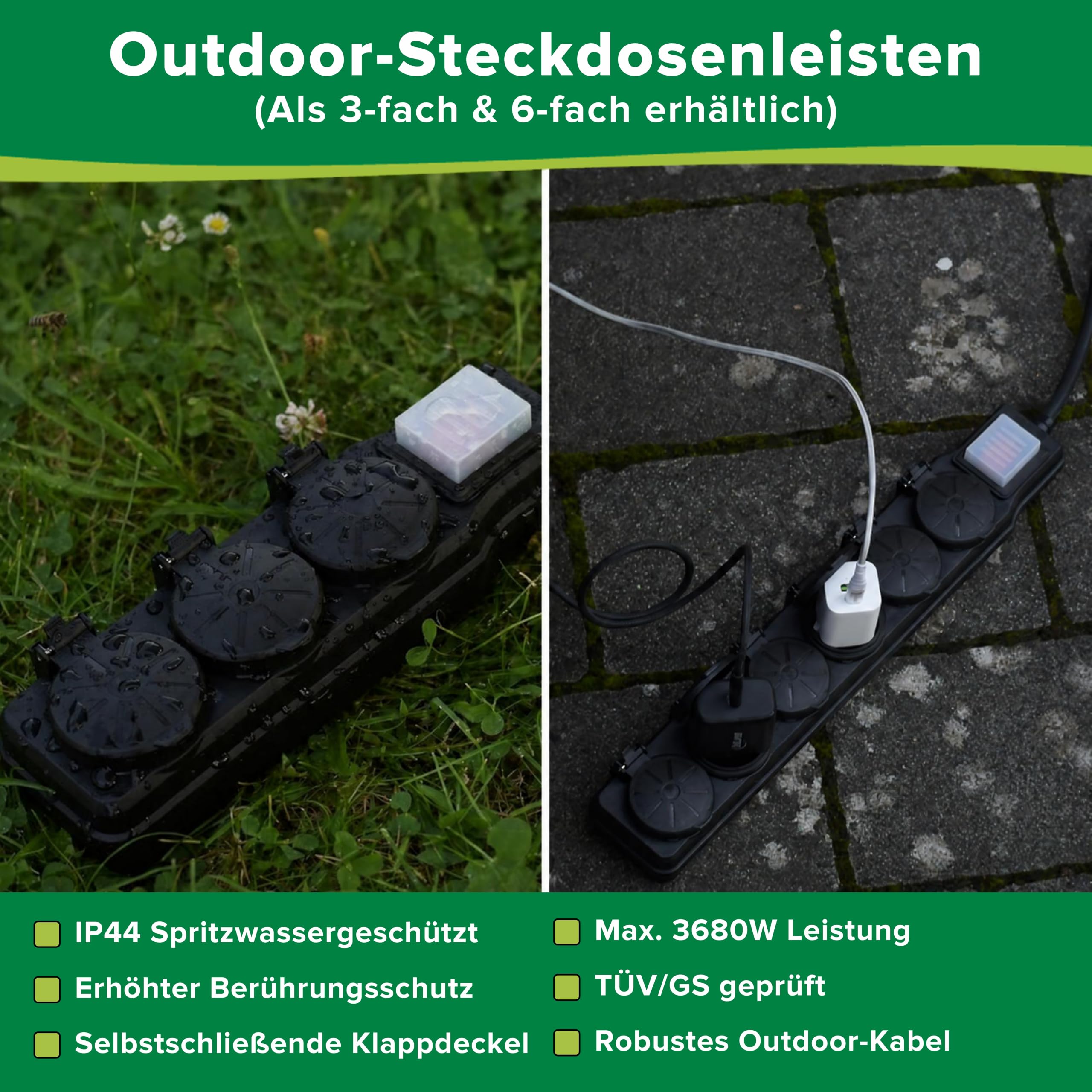 Inline 3-Fach Steckdosenleiste, Außensteckdose, Outdoor, Mehrfachsteckdose, Steckerleiste, IP44, mit beleuchtetem EIN/Aus Schalter, erhöhter Berührungsschutz, Länge: 10m, 16493Q