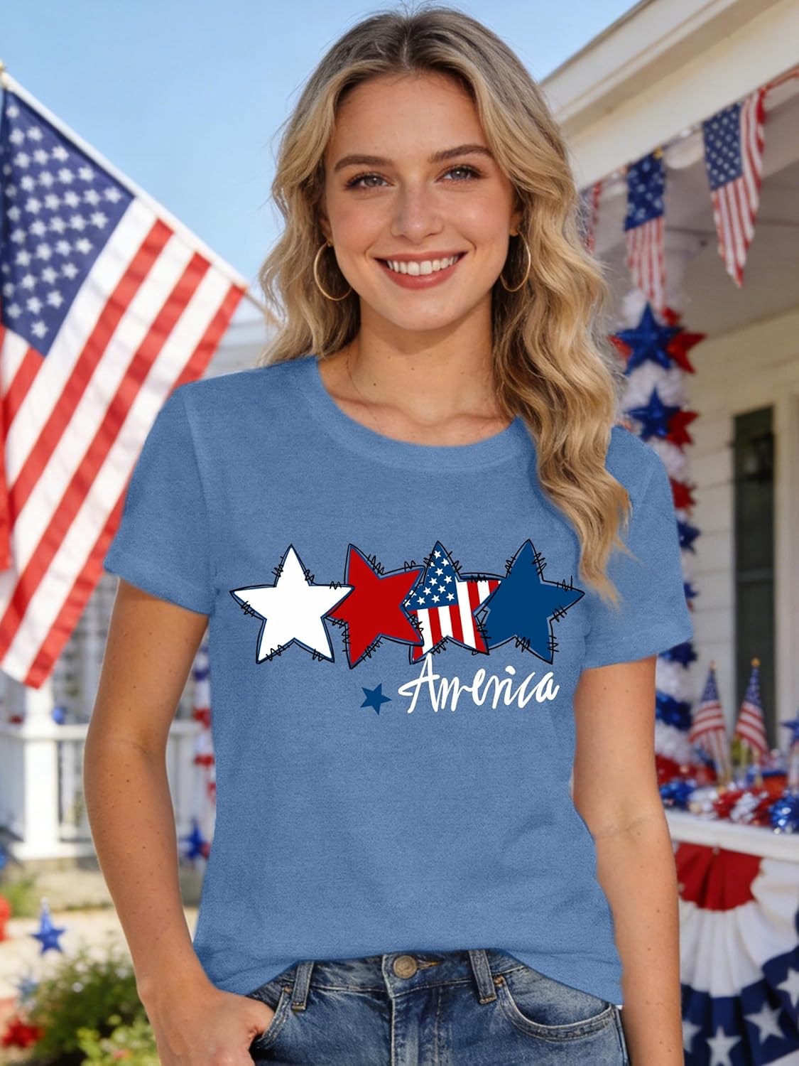 USA Shirt for Women American Flag T-Shirt 4th of July Patriotic Tee EST. 1776 Print Tops - Image 2