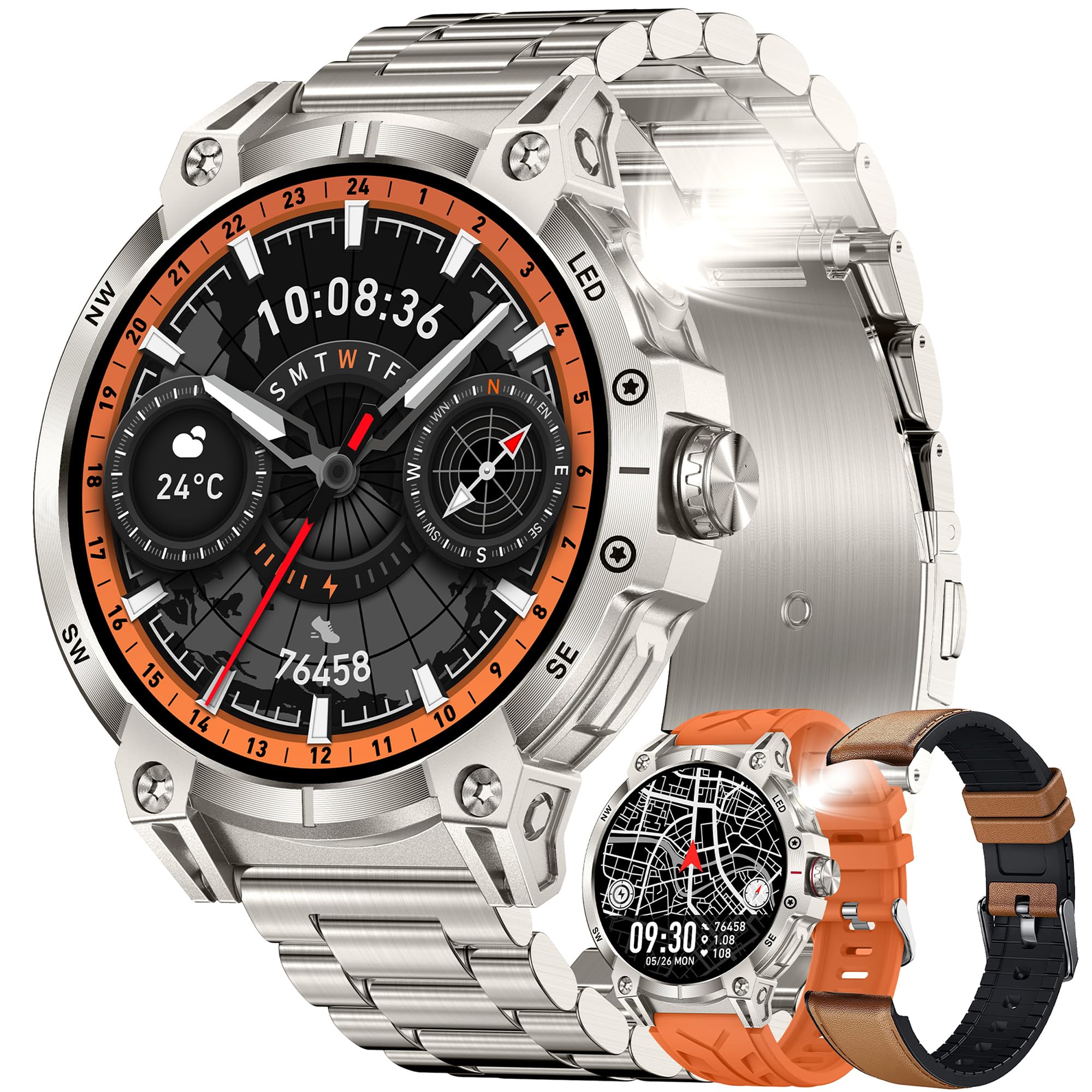 AMOLED Męski smartwatch 1,85" z połączeniem Bluetooth 5,2, kompatybilny z Samsung Huawei, Xiaomi, Android, iOS, krokomierz, GPS, 123, sportowy, miernik tętna (srebrny)