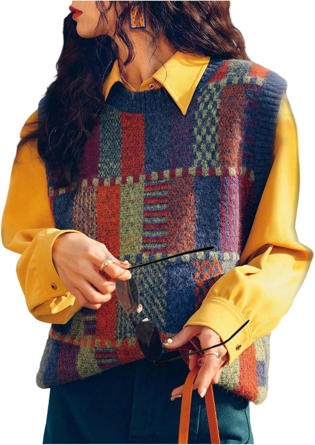 Floerns Women's Vintage Plaid Sweater Vest Crewneck Fall Outfit Pullover Sweaters