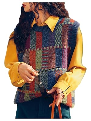 Floerns Womens Vintage Plaid Sweater Vest Crewneck Fall Outfit Pullover Sweaters