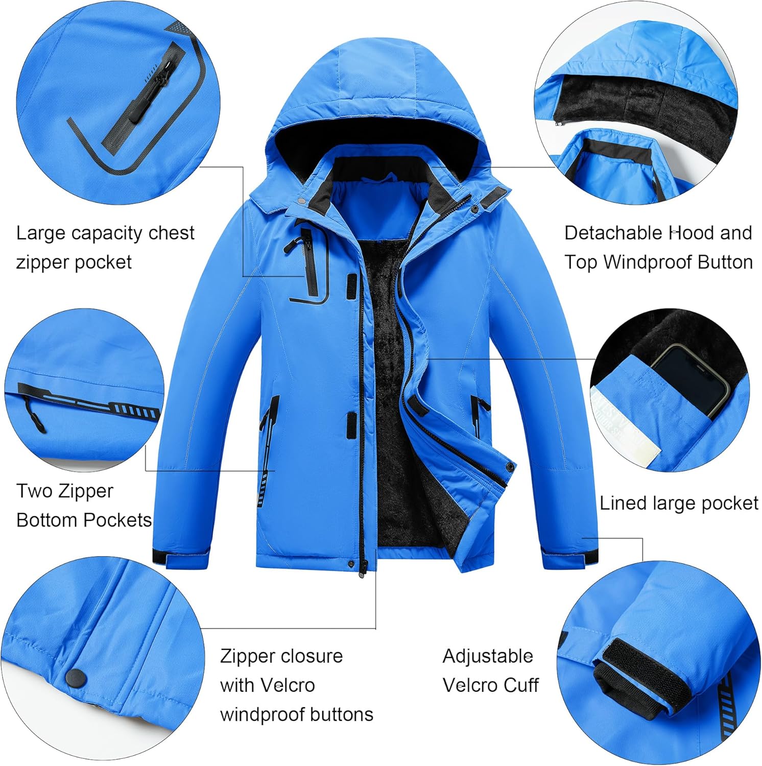 Kid's Waterproof Ski Jacket Warm Fleece Lined Hooded Boy's and Girl's Winter Jacket Breathable Removable Coat - Image 5