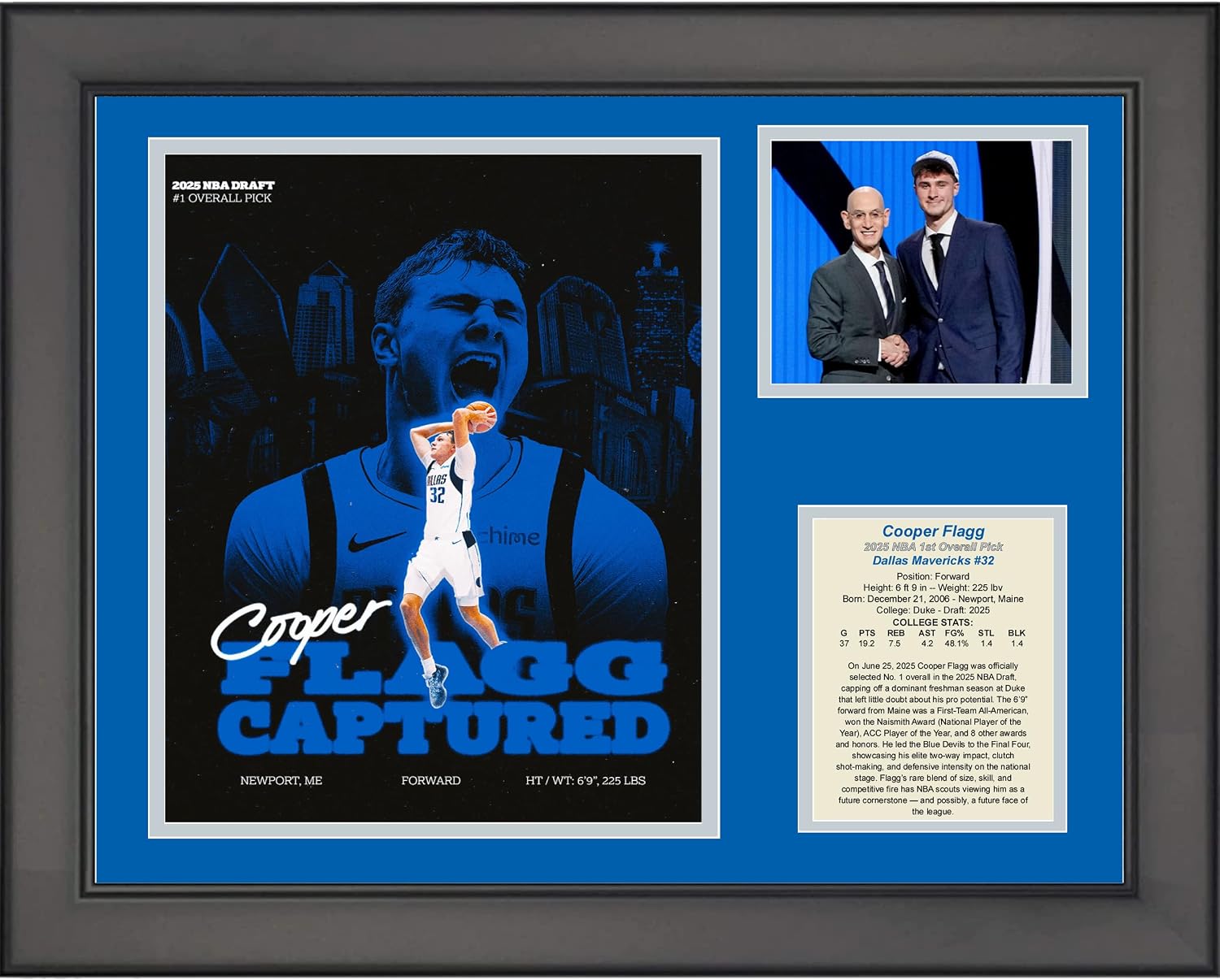 Framed Cooper Flagg 2025 NBA Draft 1st Pick Dallas Mavericks Basketball 11"x14" Three Photo Collage