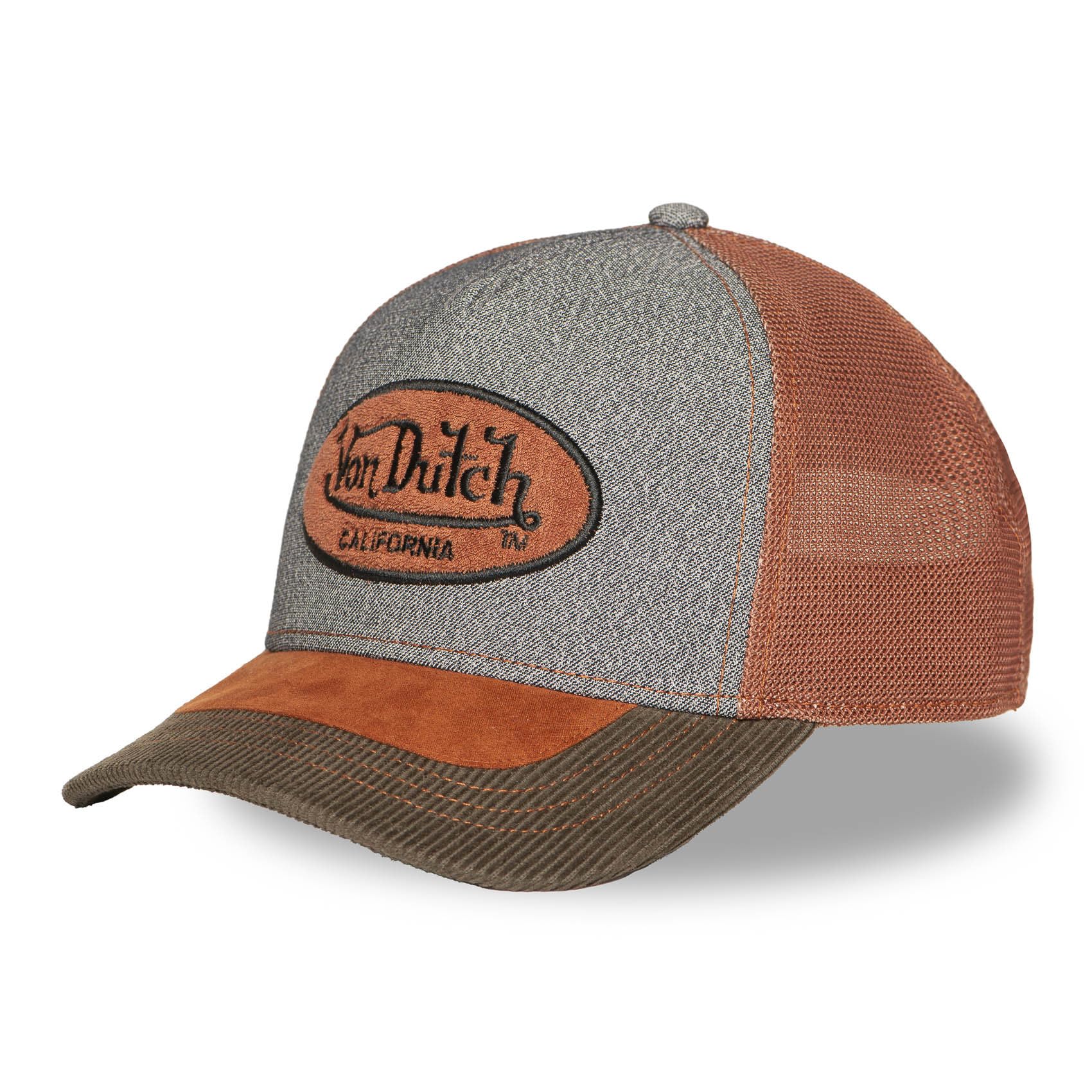 Von Dutch Style Mix Oval Patch CapDutch Women/Men - Trucker Cap Baseball mesh Snapback, with Peak All-Season Spring Summer Autumn Winter - One Size Grey-Brown