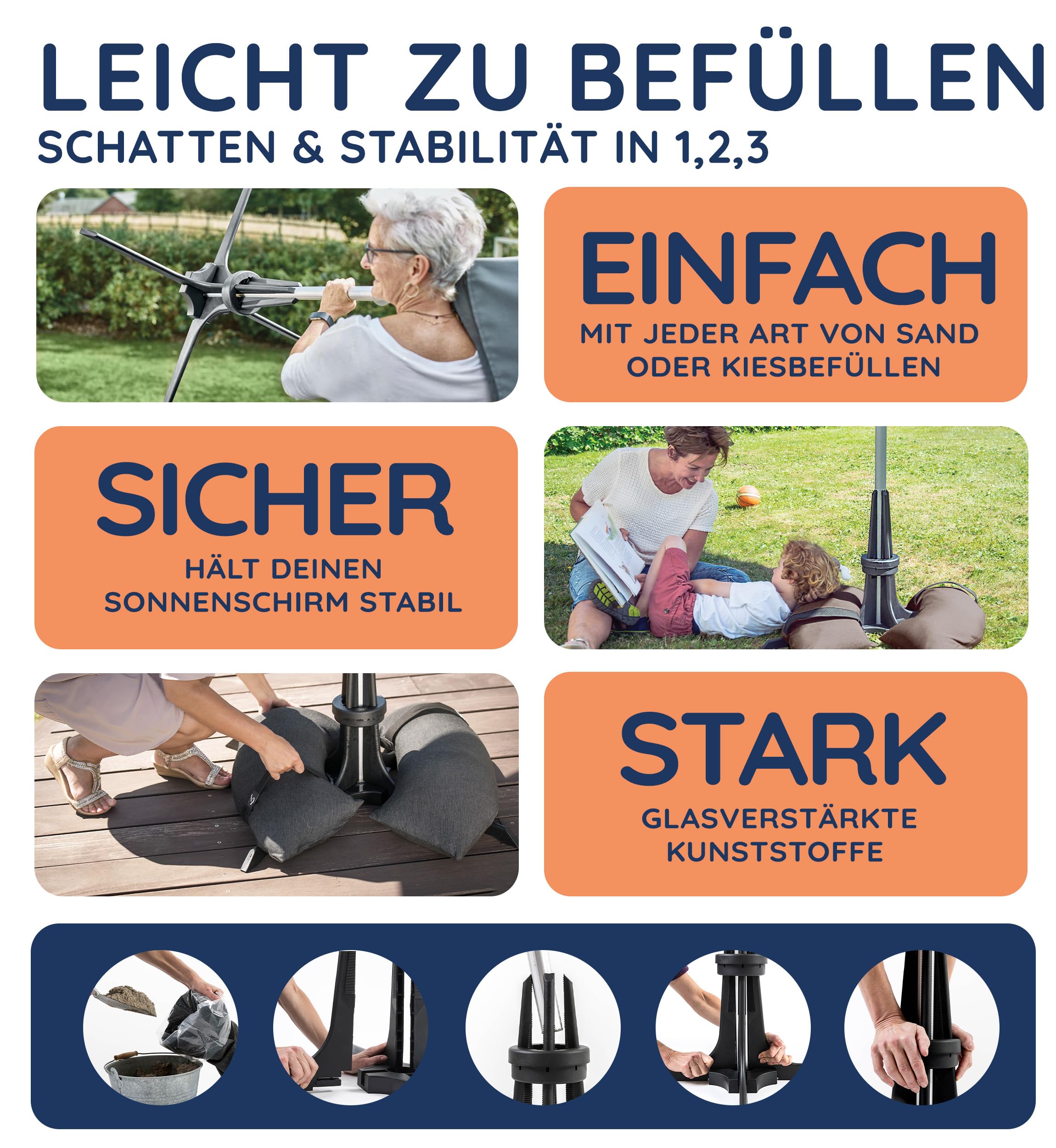Baser Original Sonnenschirmständer mit Befüllbaren Sandsäcken, Flexibler Schirmhalter für 25-48mm Rohre, Patentiertes System, Wetterfestes Recyceltes Material | Sonnenschirmständer Befüllbar, Wetterfestes Recyclingmaterial, Flexibler Schirmhalter, Für Gar