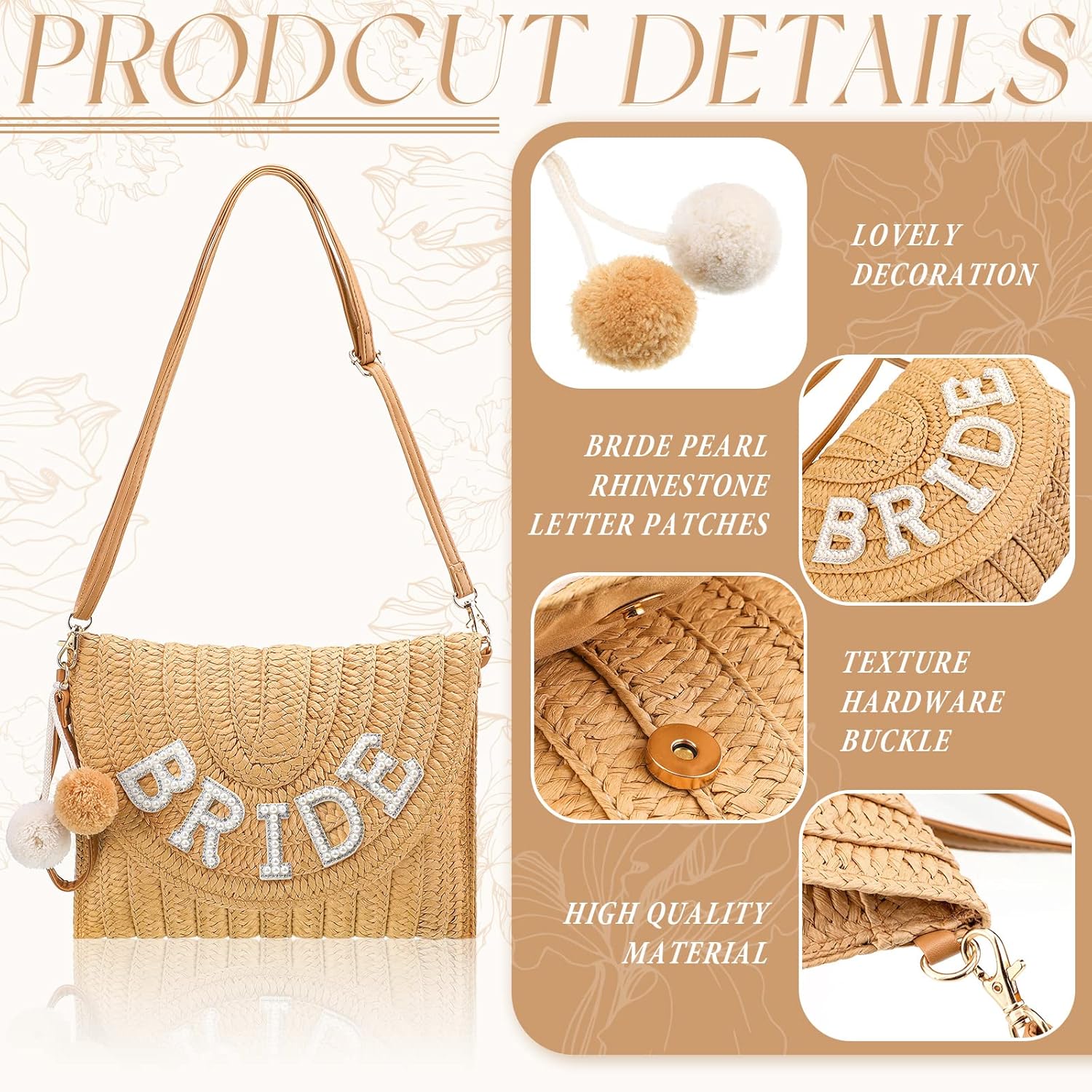 Pinkunn Bride Gift Straw Shoulder Bag Clutch Rhinestone Letter Purse Beach Bachelorette Honeymoon Wedding Bridal Shower | Bride Gift, Straw, Rhinestone, Letter, Beach, Bachelorette, Honeymoon, Wedding, Bridal Shower - Image 5