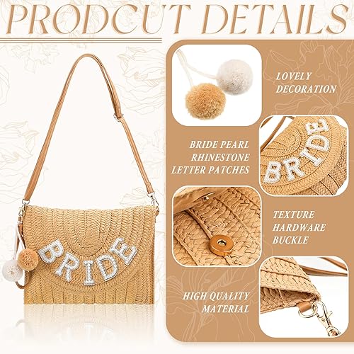 Miniatura 4 de Pinkunn Bride Gift Straw Shoulder Bag Clutch Rhinestone Letter Purse Beach Bachelorette Honeymoon Wedding Bridal Shower