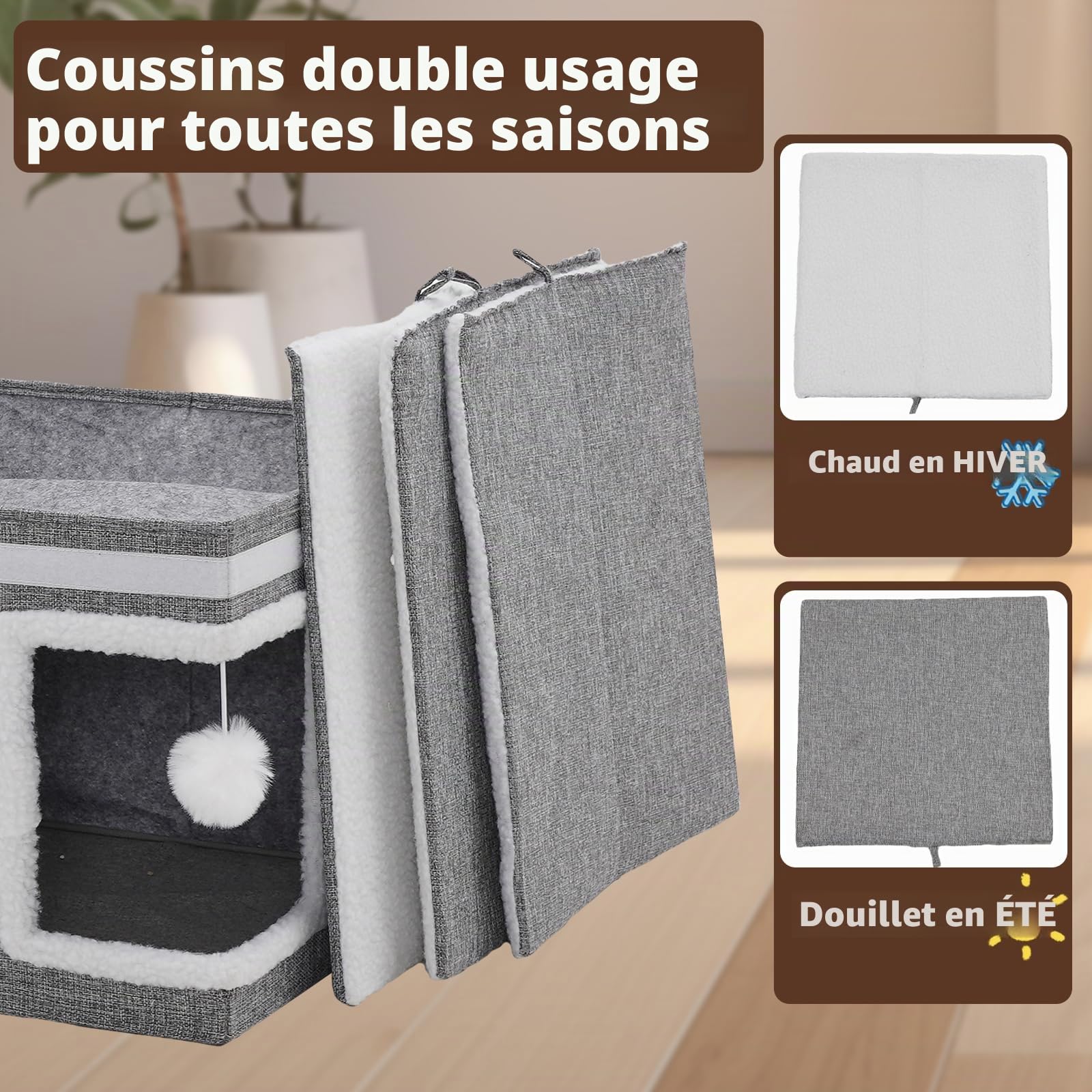 Maison pour Chat Pliable d'intérieur avec griffoir, Balle de Jeu, Niche pour Plusieurs Chats, Cube pour Chat, Maison Cube à Trois étages, lit pour Chat, 40x40x63 cm, Grise