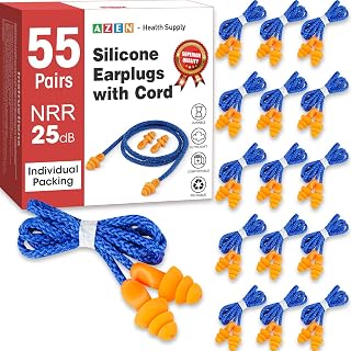 AZEN 55 Pairs Reusable Silicone Ear Plugs with Cord - 25dB NRR Noise Cancelling for Sleeping, Snoring, Swimming & Concerts