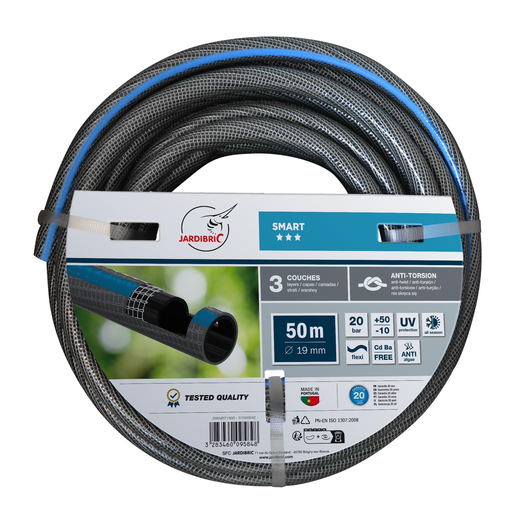 Jardibric - Tuyau Arrosage 50m Ø19 mm (3/4") - Tuyau Jardin Renforcé 3 Couches Tricoté - Pression 20 Bars