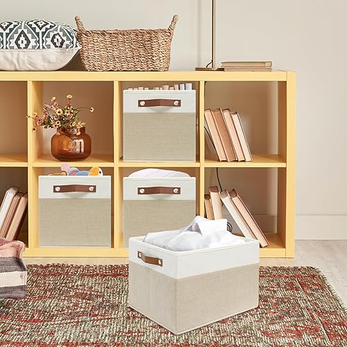 Miniatura 7 de Paquete de 6 canastas grandes de tela para estantes, contenedores de almacenamiento de armario para estantes, cestas de tela para organizar con asas