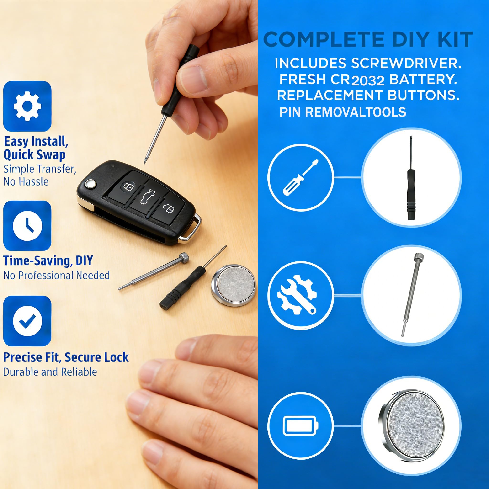 3 Buttons Flip Key Fob Case for Audi A3 A4 A6 A6L A8 Q7 TT S3 S4 S6 Quattro Entry Remote Fob Battery CR2032 &Pin Removal Tool with uncut blade - 3