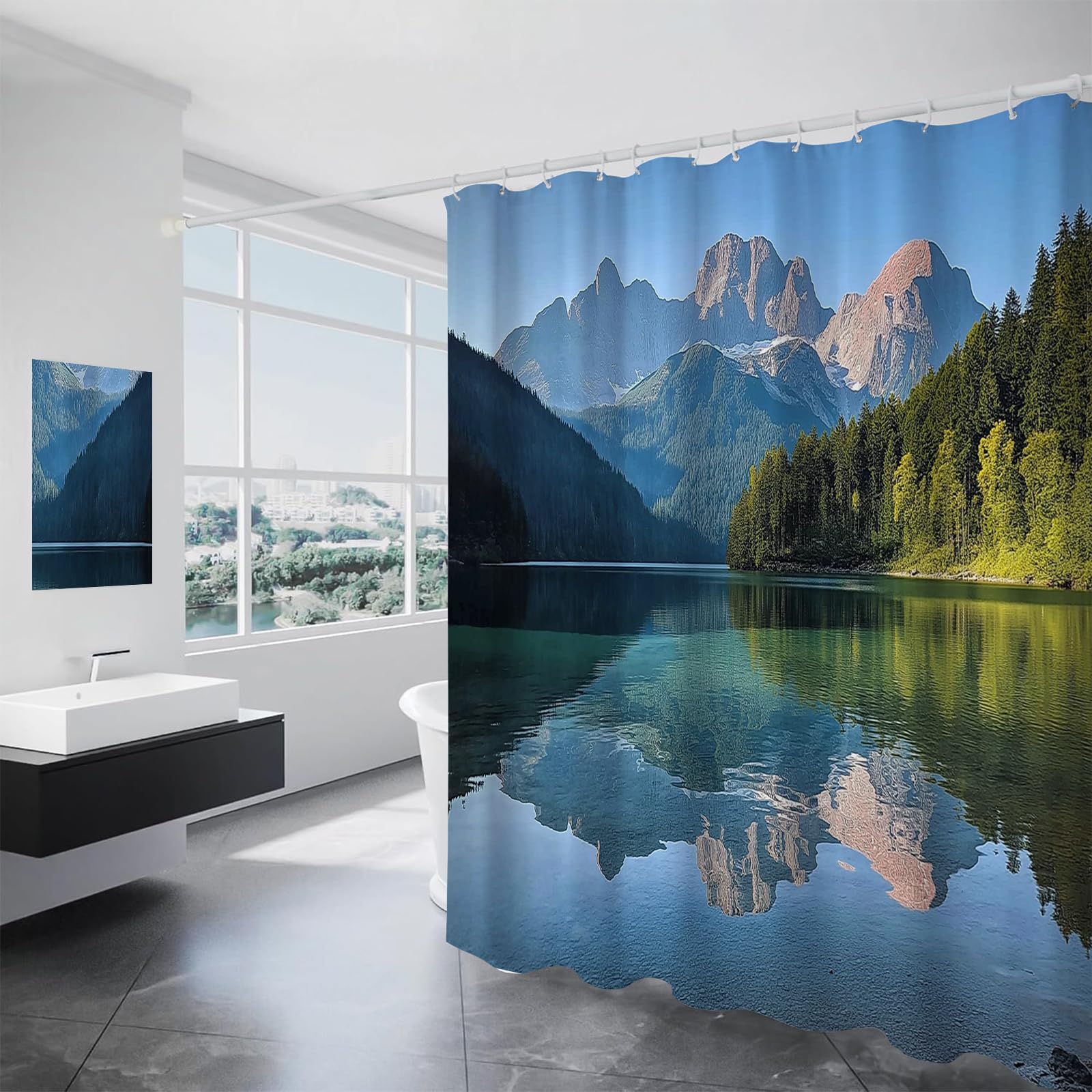 Rideau de douche lavable montagnes motif lac clair pour rideau baignoire