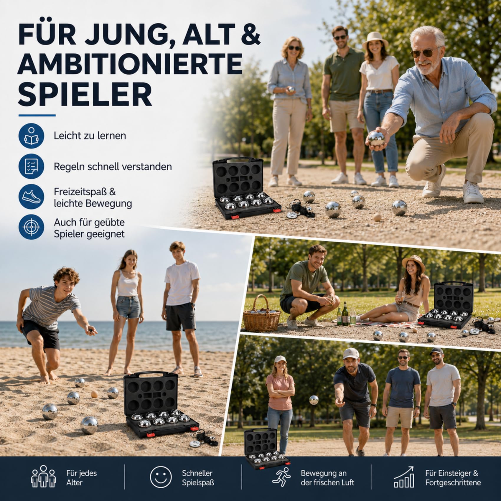 Boule Set 6/8 Metallkugeln mit Hartschalenkoffer–Petanque & Boccia Spiel mit Zielkugel, Abstandsmesser & Tragetasche, Outdoor Gartenspiel für Erwachsene, Camping & Familie