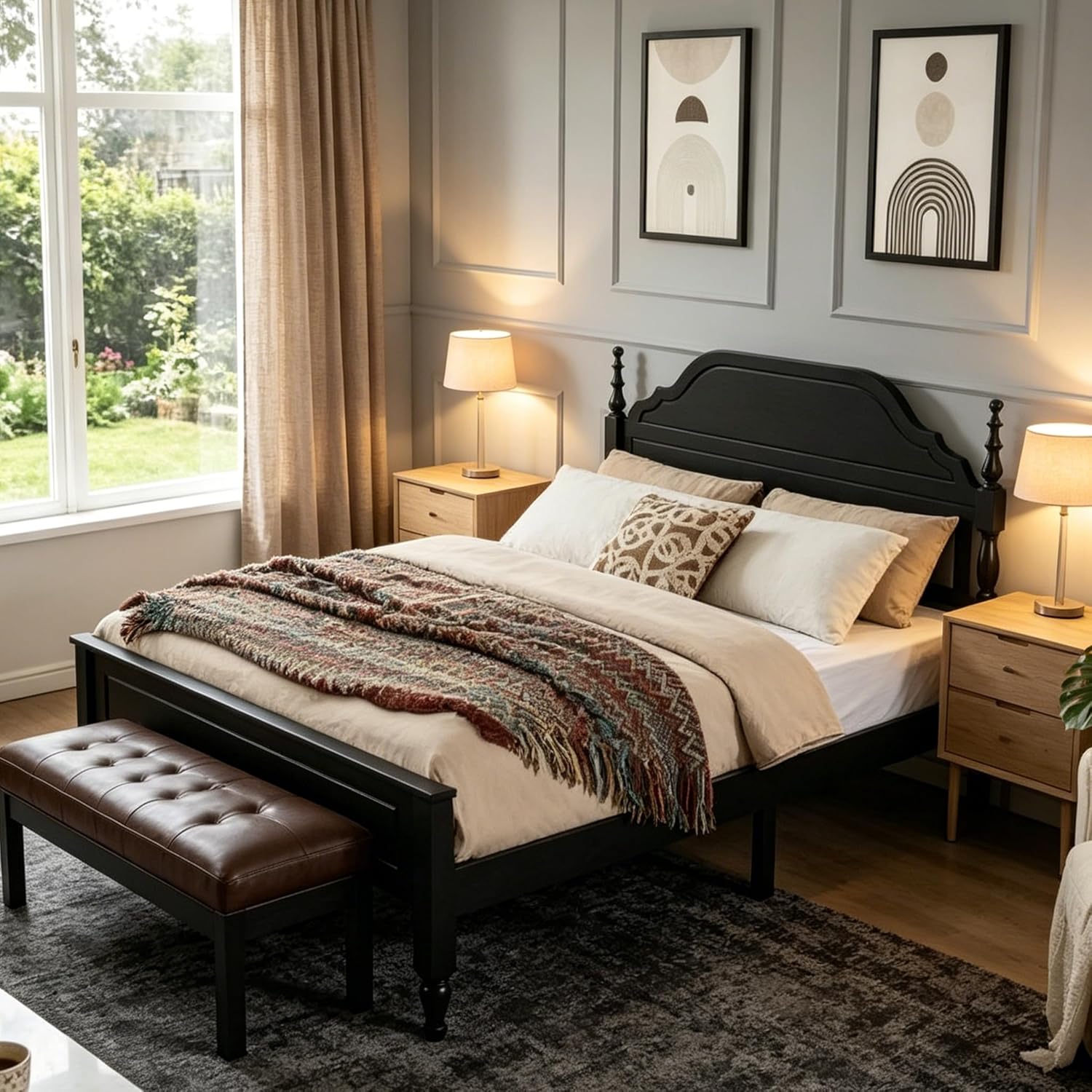 Queen Size Bed Frame, Platform Bed Frame with Upholstered Headboard and Wooden Slats Support, Easy Assembly, Black.
