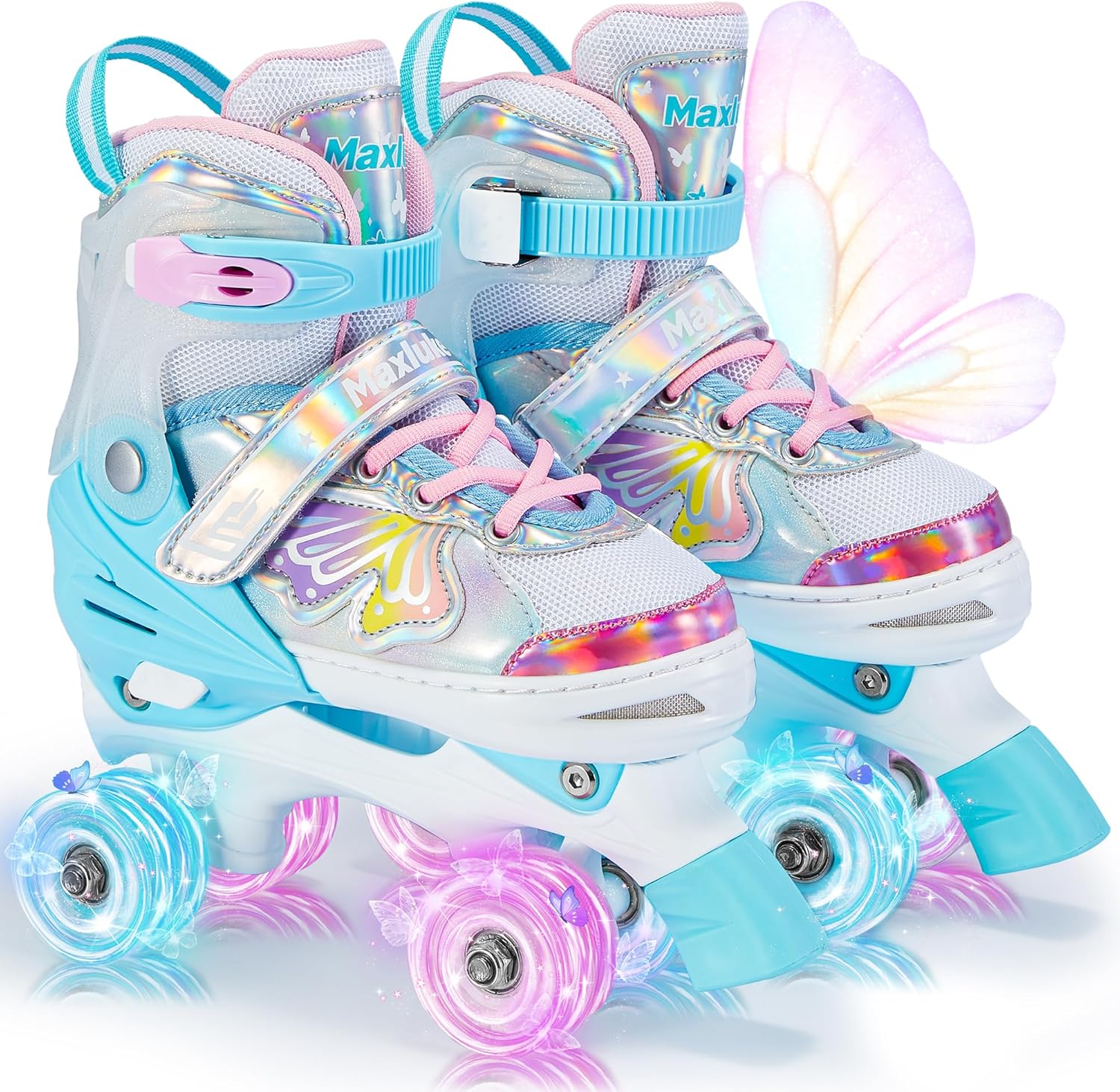 Girls Roller Skates, Butterfly Design 4 Size Adjustable Kids Roller Skates for Girls, Boy and Women, Fun Illuminating Toddlers Quad Skates for Beginners Youth Indoor Outdoor(Small, Pink Green)