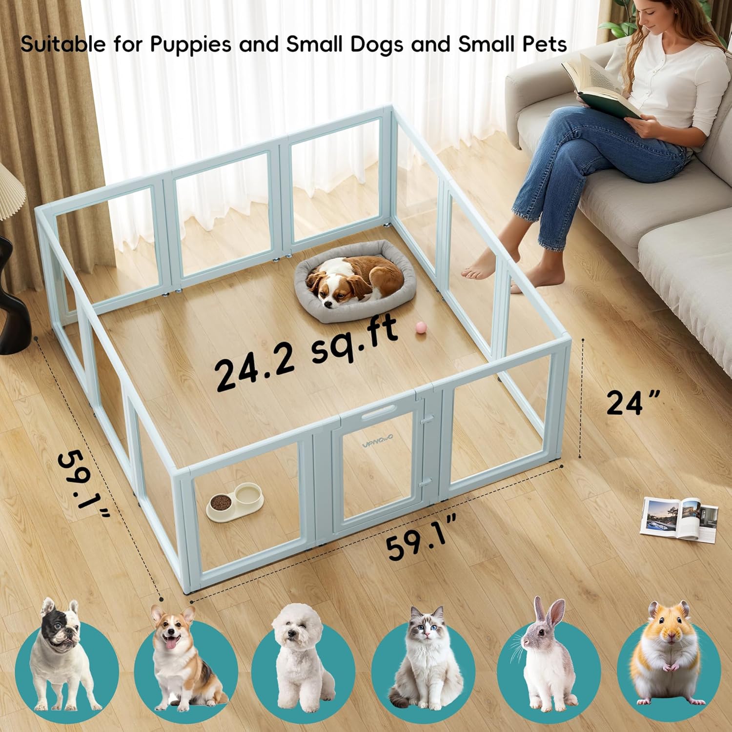 Clear Acrylic Dog Playpen with Door - 24 Inch Tall Puppy Playpen - Easy Assemble Pet Fence - 12 Panel Indoor Dog Play Pen for Puppies/Small (24 Inch High, 12 Panel)