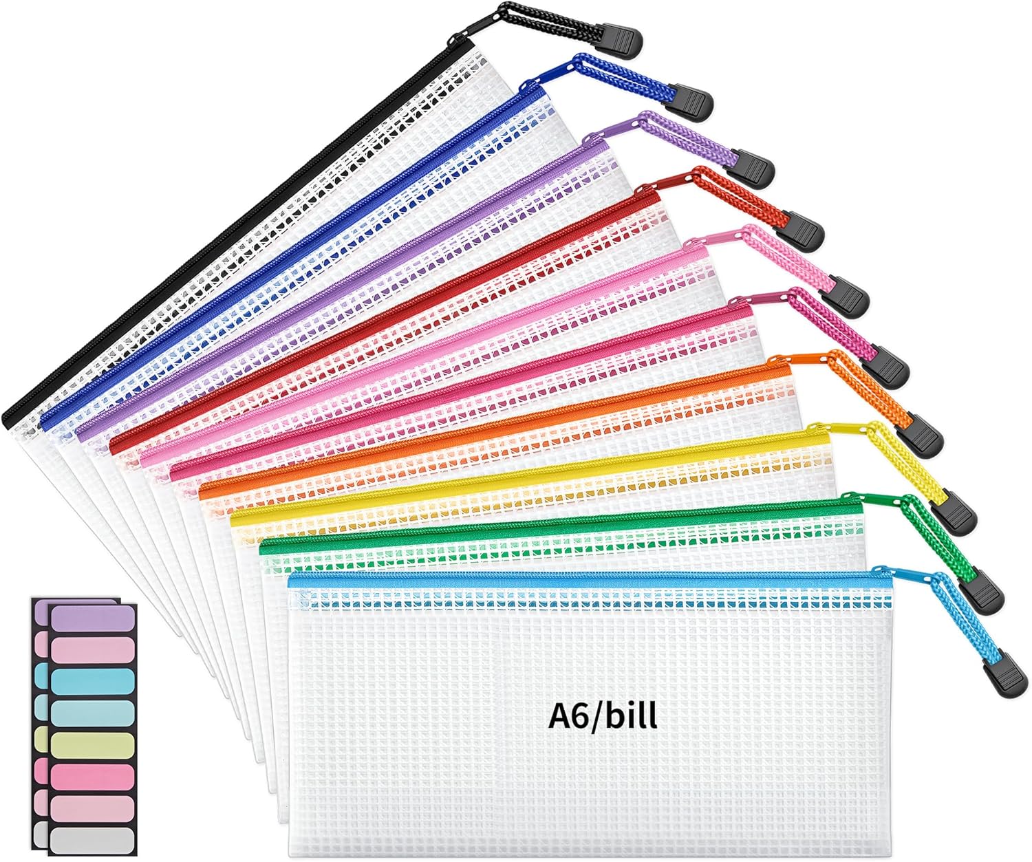 JARLINK 10 Pack A6 (9.3 × 4.0 in) Mesh Zipper Pouch Bags, Waterproof Pencil Pouch for School Supplies Storage, Small Zipper Pouches for Cash, Cosmetics, Travel Organization, 10 Colors