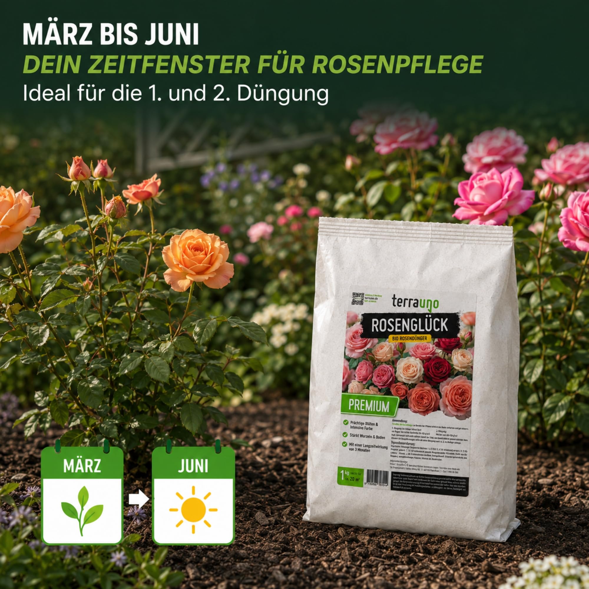 TerraUno Rosenglück Rosendünger Bio 1 kg, Rosen Dünger Langzeit für Beet-, Kletter- & Edelrosen, stärkt Wurzeln, für Prächtige Blüten & Intensive Farben, Organischer Blumendünger