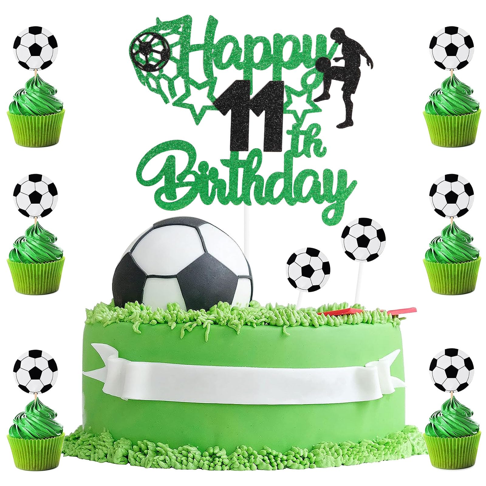 9 Pack 11th Birthday Cake Topper Boys,Football Cake Topper 11,Birthday Cake Toppers for Boys Age 11 Football,1 Topper with 8 Soccer Cupcake Party Decorations