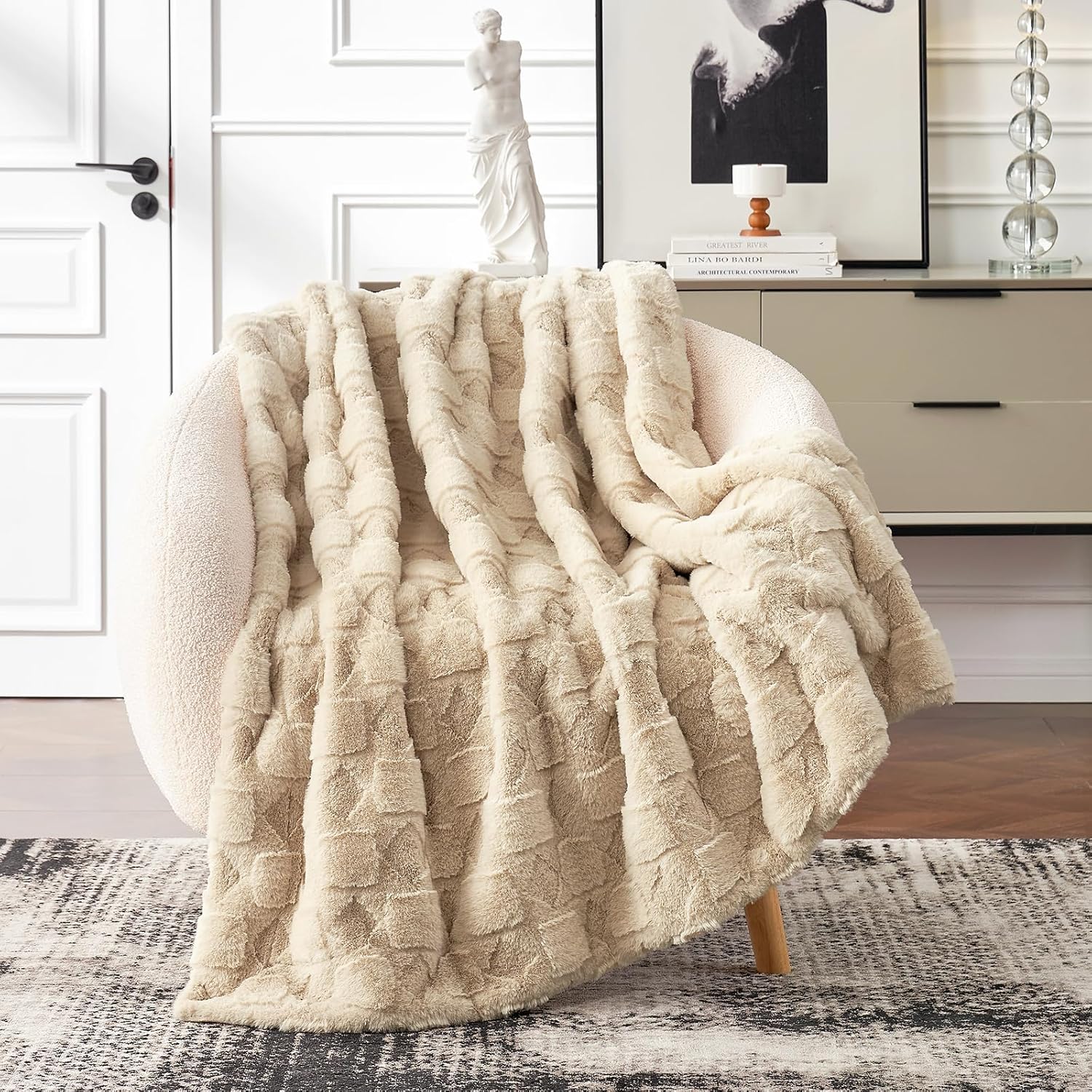 Cozy Bliss Faux Fur Textured Throw Blanket for Bed Super Soft Fuzzy Checkered Couch Blanket Gift for Women Premium 3D Geom Jacquard All Season Use Khaki Beige 60"*80" - Image 4