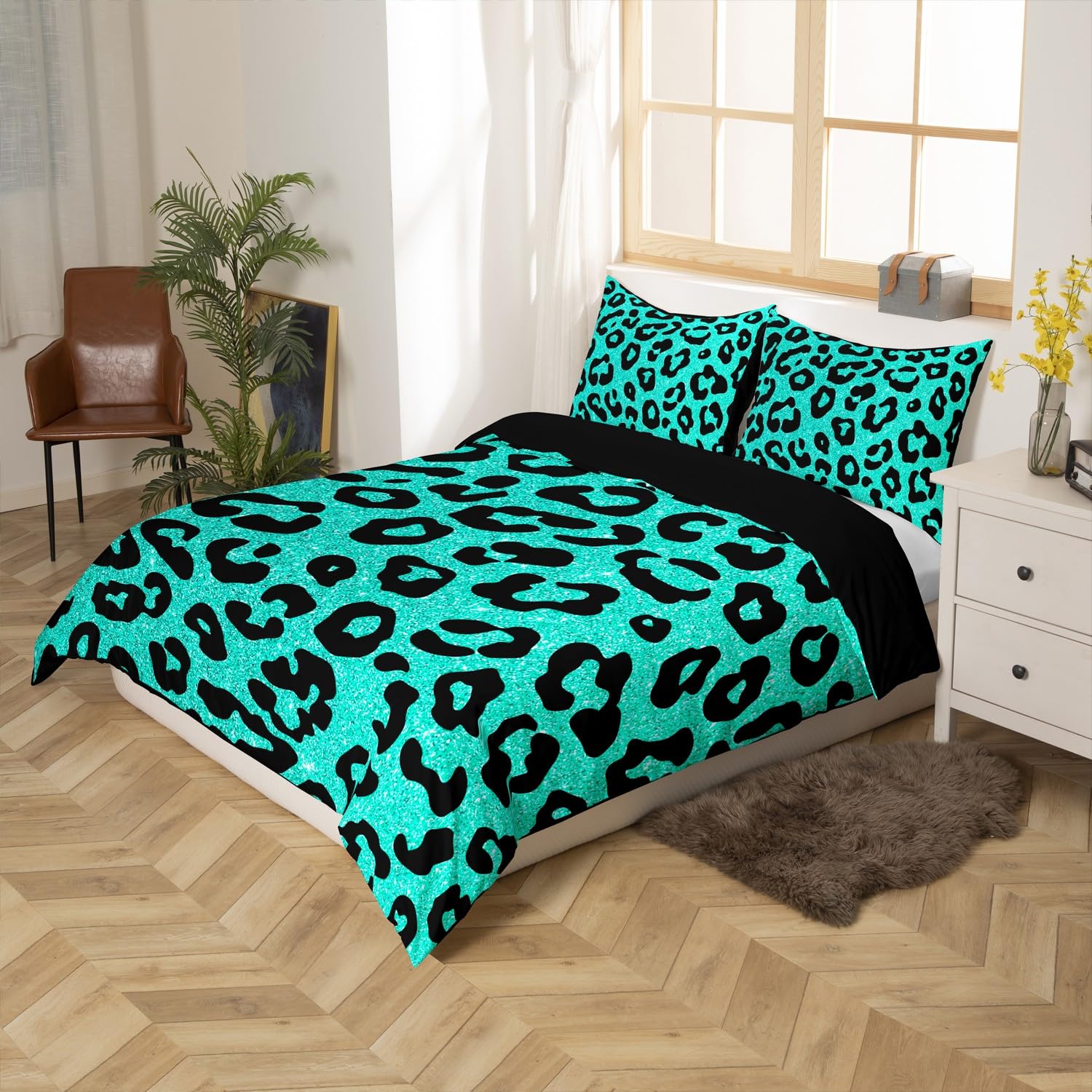Castle Fairy Safari Animal Fur Print Duvet Cover Set Toddler Size,Green Leopard Glitter Print Bedding Set,Cheetah Wildlife Skin Quilt Cover for Kids,Comforter Cover(No Filler),2 Pcs