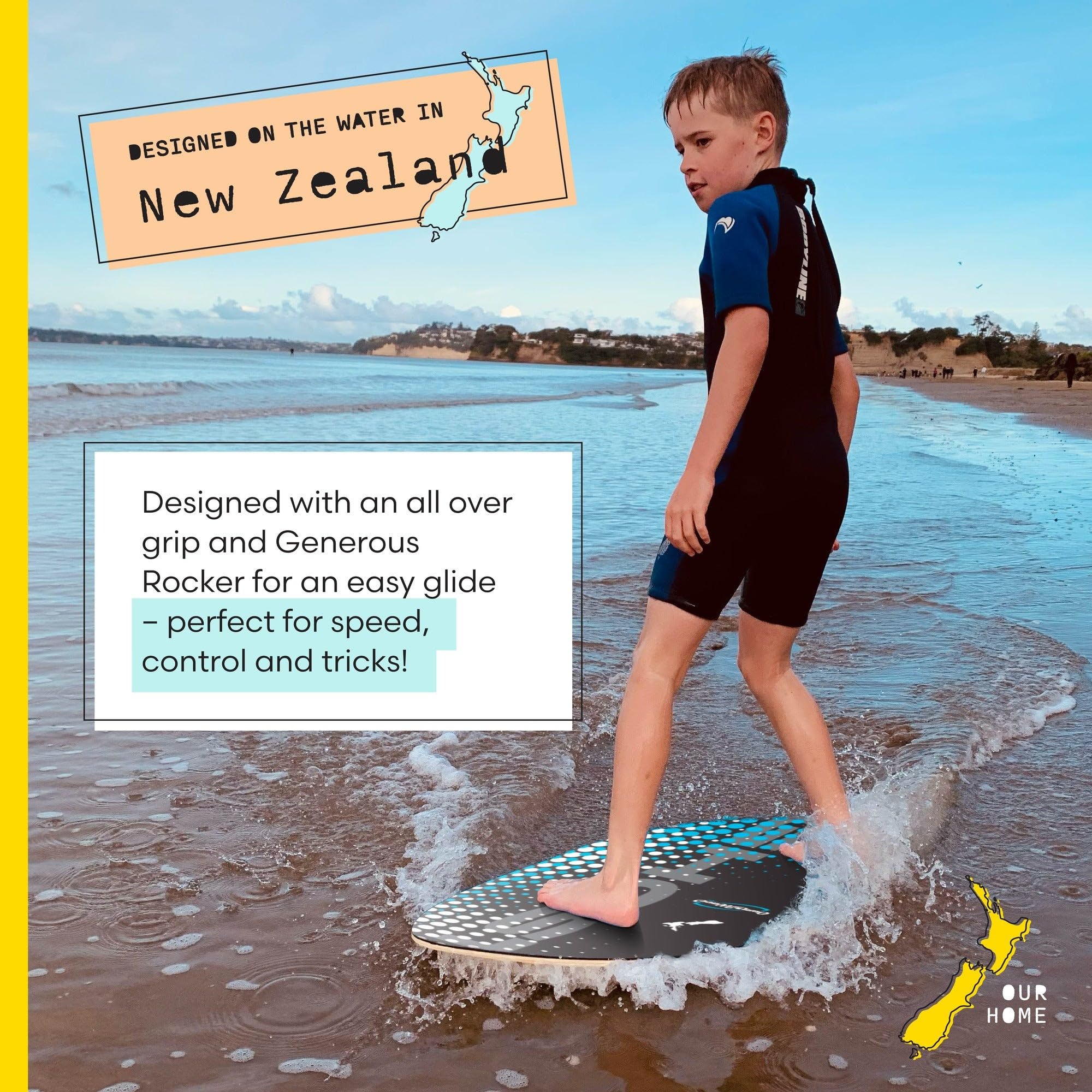 BPS Skimboard "Ghost" mit farbigem EVA-Griffpolster und hochglänzendem Klarlack aus Holz für Kinder und Erwachsene, erhältlich in 3 Größen (Own the Wave Collection)
