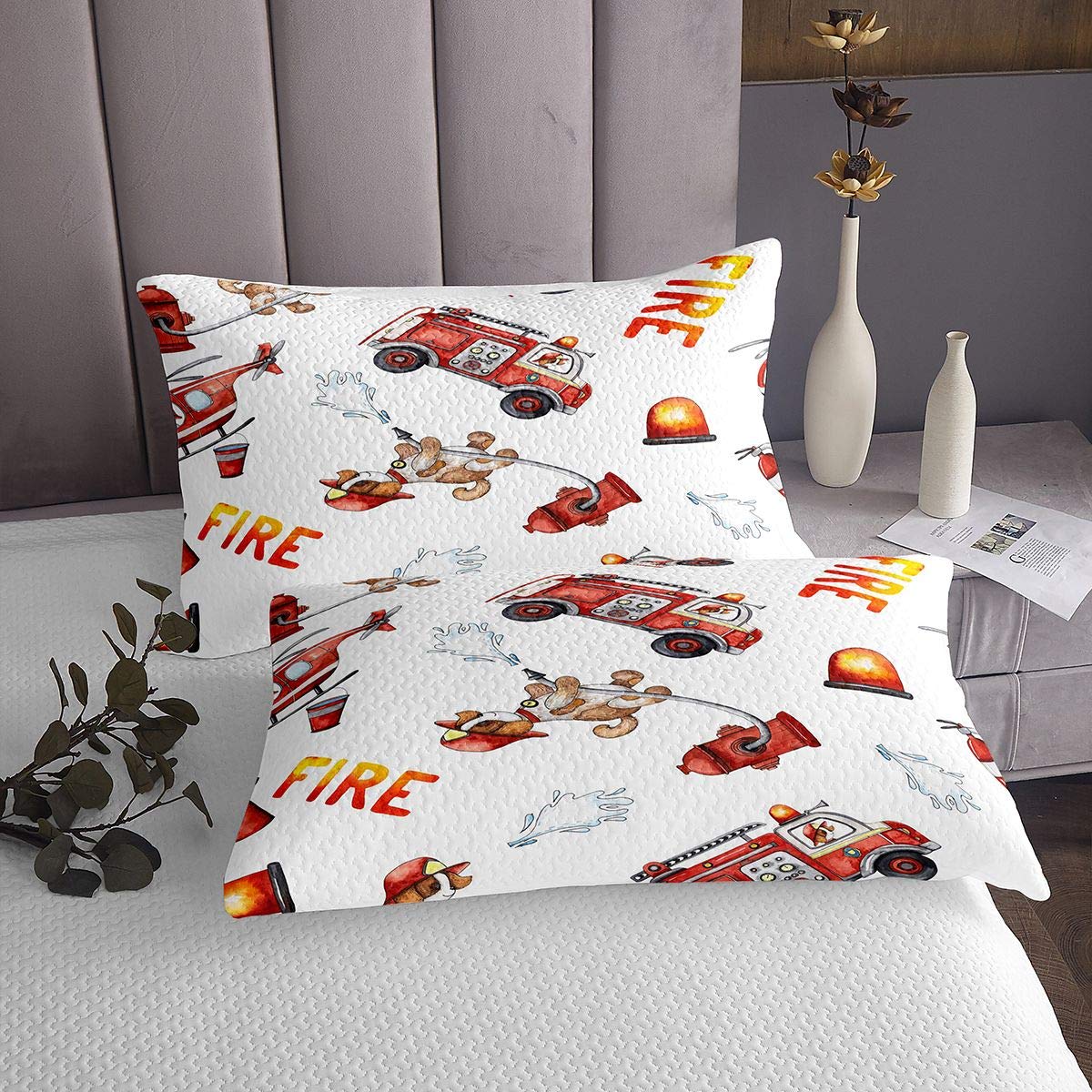 Copriletto per camioncino dei pompieri con motivo a cartoni animati per bambini ragazzi ragazze vigili del fuoco set di trapunta con stampa trapuntata 2 pezzi per letto 170X230cm