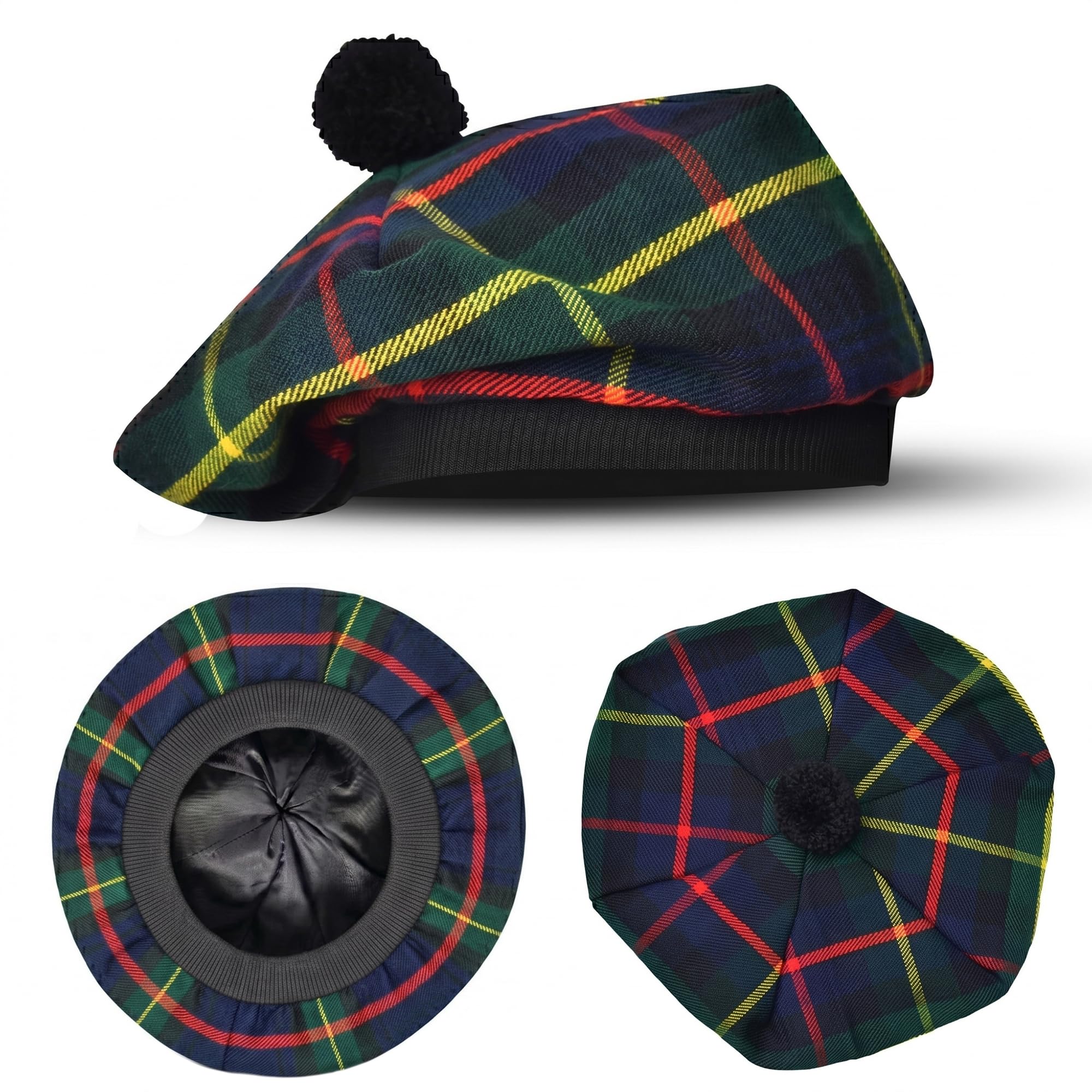 H HIGHLAND REDSTONE Scottish Hat Tam o Shanter Scottish Bonnet Tartan hat Acrylic Wool with Pompom (UK, Alpha, One Size, Farquharson)