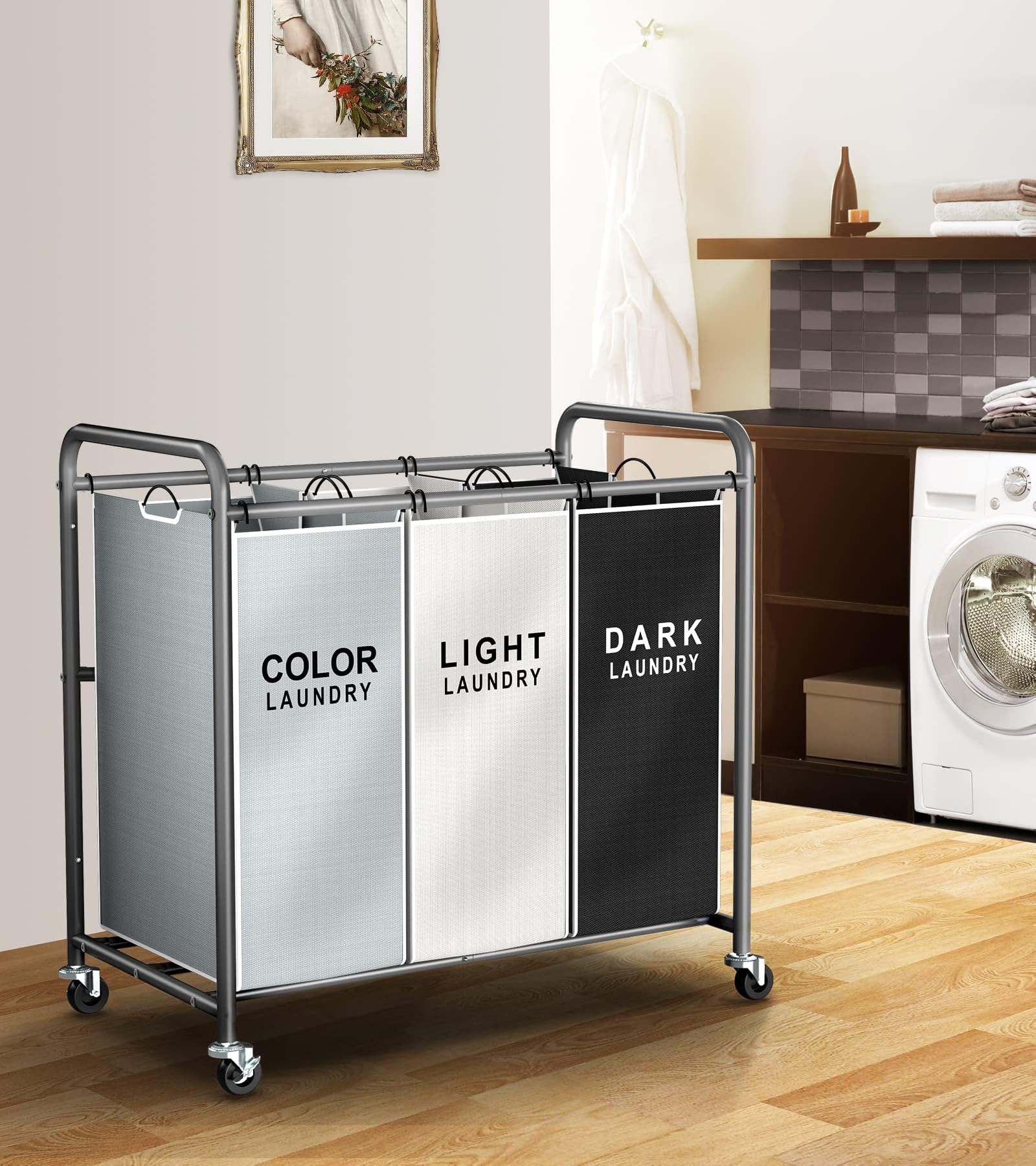 ROMOON Organizador de ropa sucia, cesta de lavandería de 3 secciones con ruedas, cesta de lavandería rodante con gran capacidad y bolsas extraíbles para almacenamiento de ropa, multicolor