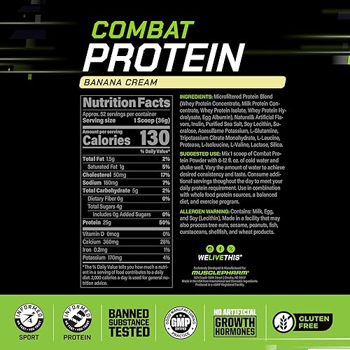 Miniatura 3 de MusclePharm Proteína en polvo de combate, sabor a crema de plátano, alimenta los músculos para entrenamientos productivos, 5 fuentes de proteínas,