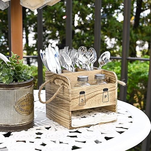 Miniatura 5 de Ikee Design Organizador de utensilios de madera, organizador de cubiertos con 5 ranuras, cuenta con asas e incluye salero y pimentero, ideal para