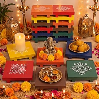 Kolam Trays Indian Return Gifts, Ganesh Pooja Chowki, 24 Pcs, Colorful | Wooden Kolam Prayer Table Risers, Small Ganpati Mandap Stand, Palavelli Kalasam Holder, Diwali Housewarming Return Gifts