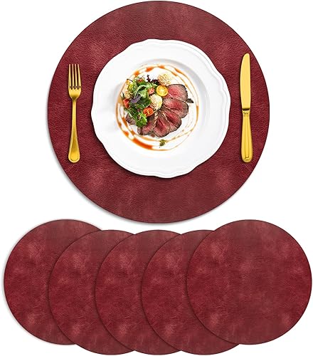 ADRIMER Manteles individuales redondos resistentes al calor, juego de 6 manteles individuales lavables, impermeables, manteles individuales de piel