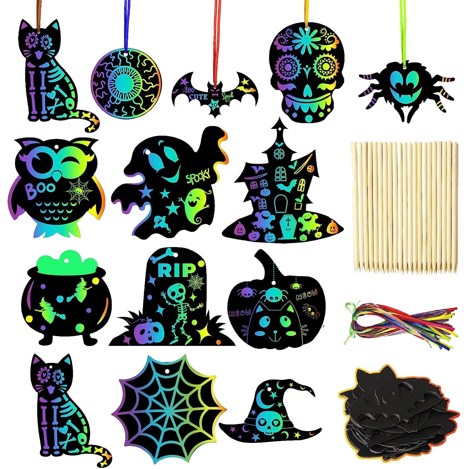 39PCS Scratch Paper Crafts Kit - Pumpkins Magic Rainbow Scratch Art for Kids DIY Ornaments Halloween Party Favor Supplies