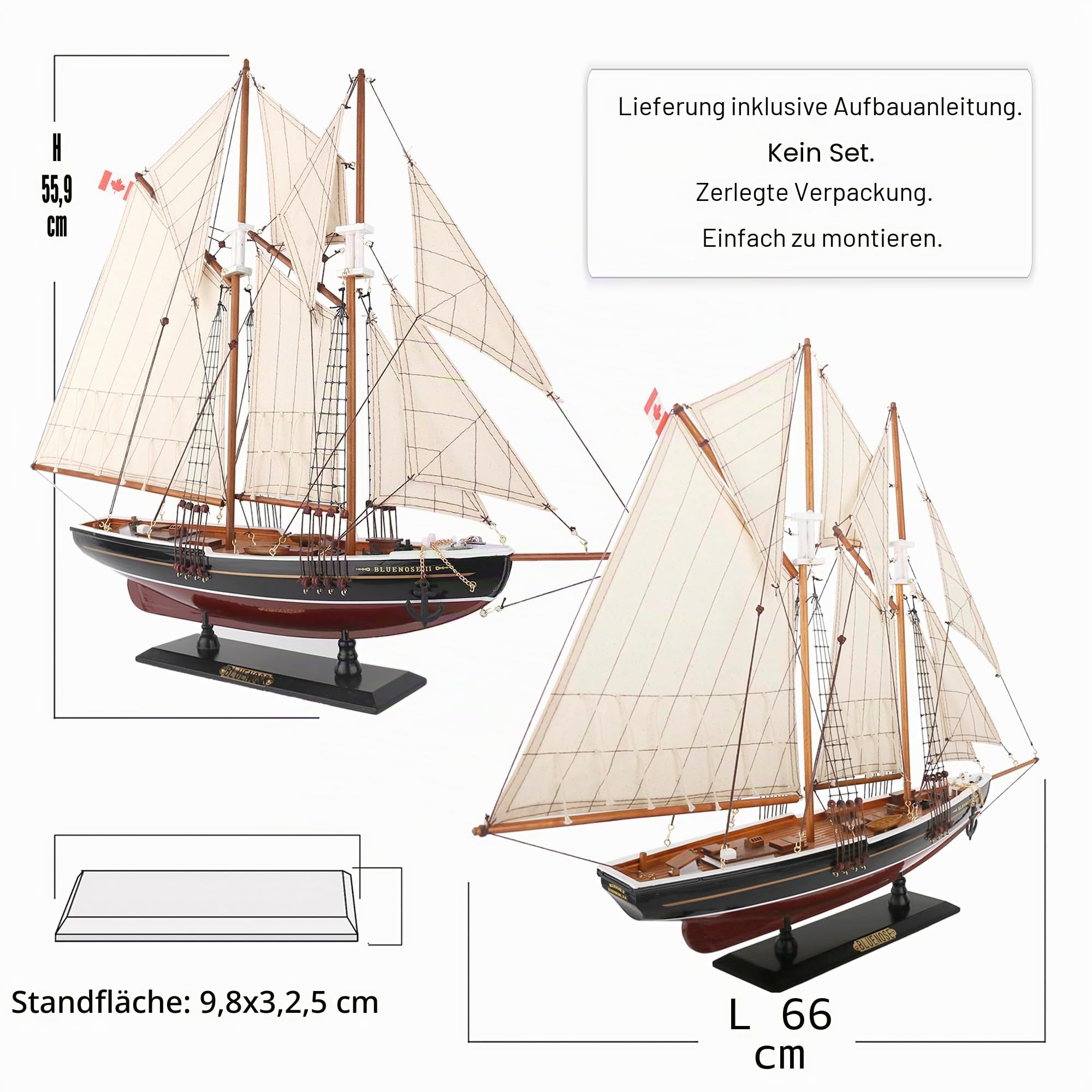NAUTIMALL 66 cm großes Segelboot-Modell aus Holz, Segelyacht, Bluenose, Schooner, Schiff, Nachbildung, nautische Heimdekoration, Display-Kollektion, Wasserfahrzeug (66 cm)